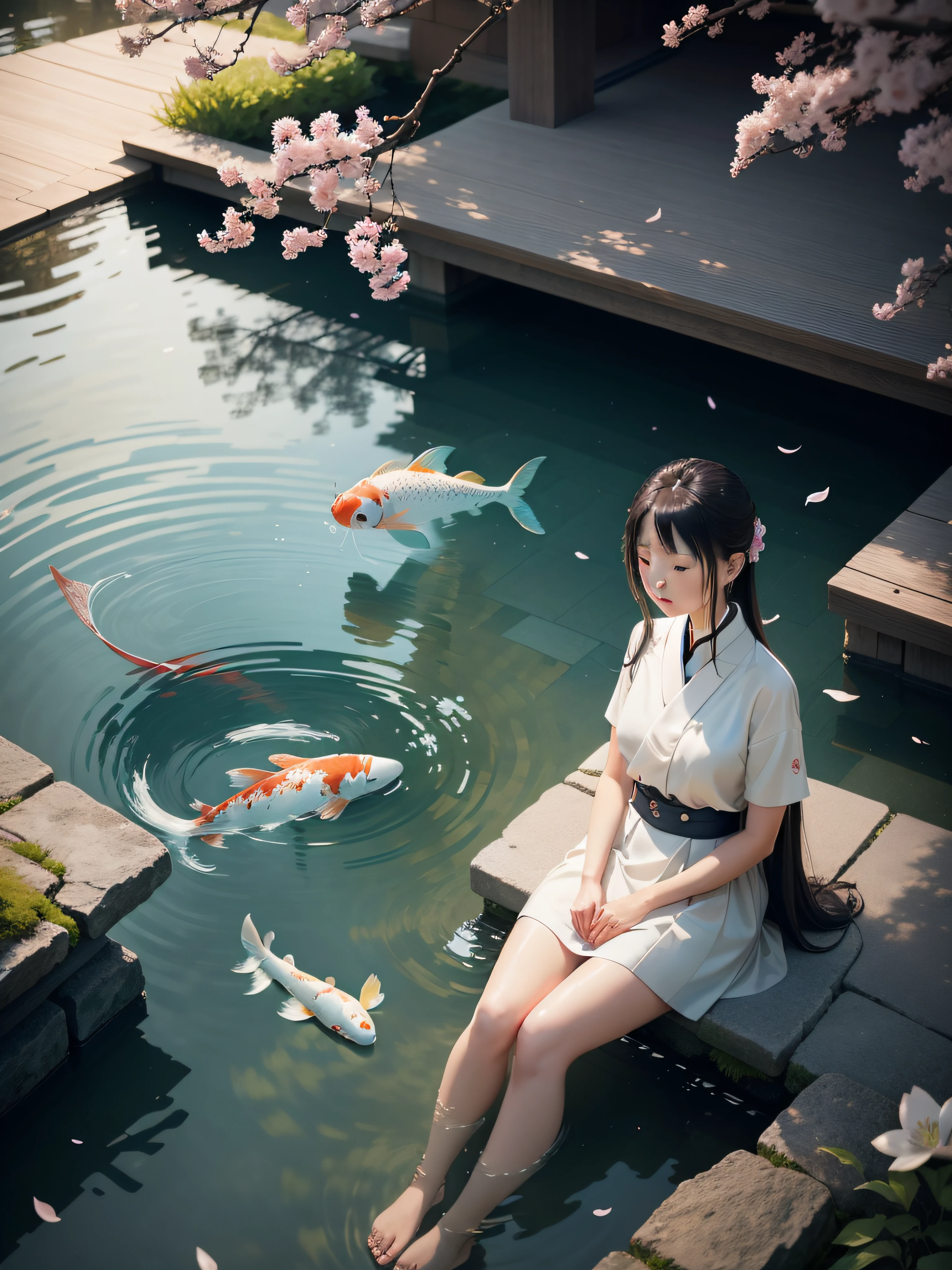 In a modern Japanese art style, two cool teenagers sit by a sleek, minimalist pond brimming with elegant koi fish. The scene is bathed in a soft, ethereal light that enhances the vibrant hues of the fish and the delicate cherry blossom petals floating on the water's surface. The rendering style evokes a sense of tranquility and contemplation, akin to an anime artwork.