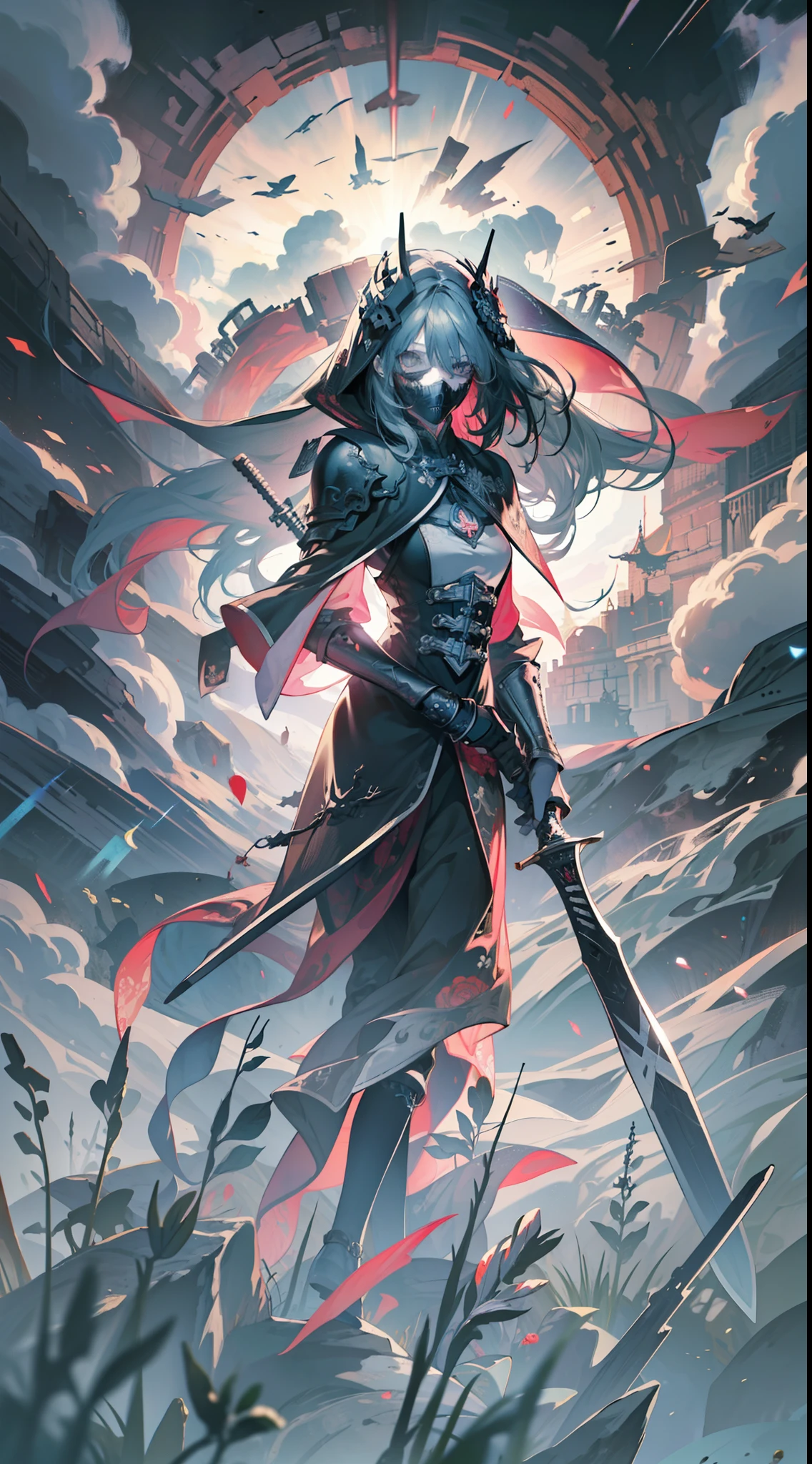 ((Masterpiece, Best quality, illustration)), chaos theme, horror theme, A girl, covering eyes, Mask, skull, head gear, skeletal armor, skeleton print, Armored dress, floating capelet, jacket removed, Solo, Many planted_sword, 废墟, Cloudy sky, nevando, Dark lighting