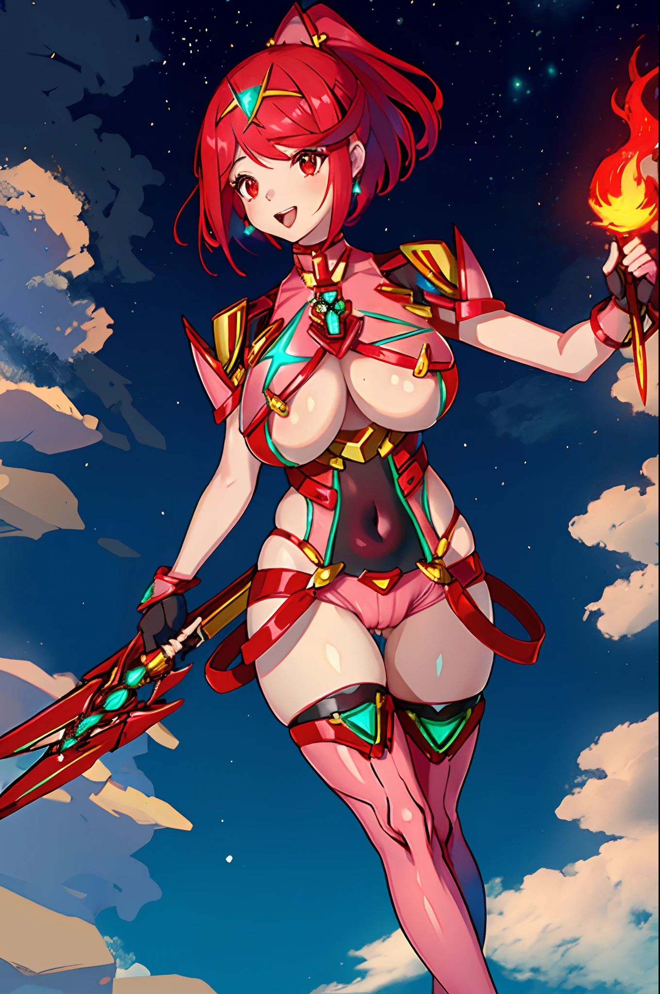 pyra \(xenoblade\), _1girl, loliarmor, bangs, black gloves, breasts, red eyes, light_open_mouth, earrings, eyelashes, fingerless gloves, floating hair, framed breasts, gem, gloves, hair ornament, headpiece, jewelry, big_breasts, leaning back, leotard, neon trim, official art, pose, red hair, red shorts, saitou masatsugu, short hair, short shorts, short sleeves, shorts, sidelocks, skin tight, solo, standing, swept bangs, thighhighs, tiara, night_prairie_background, turtleneck, underbust, vambraces, xenoblade chronicles \(series\), (xenoblade chronicles 2), (spread_legs:1.1), fire_effect,dynamic_pose,fighting,light_smile, (plump:1.4), big_ass,huge_sword, hold_large_sword_hilt, scovered_nipples, (covered_pussy:1.2),cameltoe,back_view, fists,ponytail,plump,beautiful_fingers,solo,