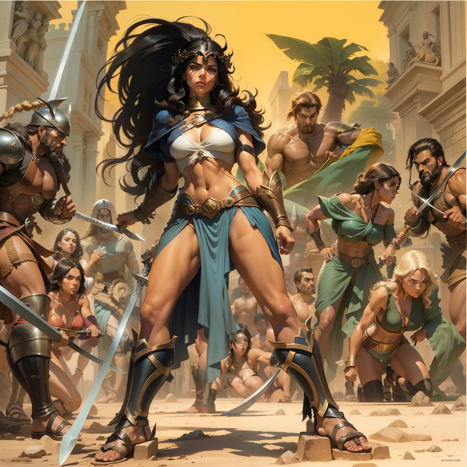 Arte de similar John Buscema. Selvagem,mulher guerreira, muito bonita,cabelos negros compridos,olhos escuros sombrios,seios grandes,usando armadura feminina romana, wearing sandals,standing with a sharp sword in hand,standing in front of his enemies