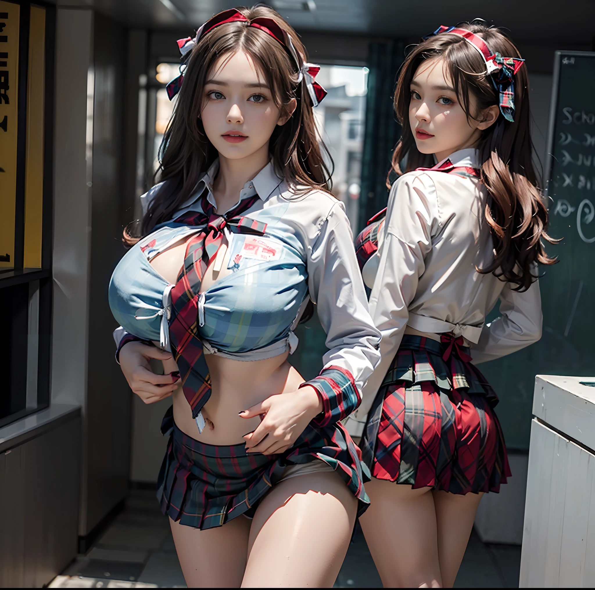 (top-quality)、 (masterpiece)、(Realistic lighting with shadows)、 (elegent)、 (A hyper-realistic:1.2)、(Stylish), (intricate detailes)、 (Perfect anatomical depiction of the human body:1.5)、(Girl standing proudly in front of camera with chest turned、Another girl on the other side is pointing her ass at the camera:1.3), ( Huge breasts :1.6), (Beautiful bright blue eyes squinting dazzlingly:1.3)、(Small lips without lipstick)、 (Brunette's half-up hair shines in the backlight), (She has a white blouse and crimson thin ribbon tie、Estraintively wearing a schoolgirl costume with a tartan plaid micro mini pleated skirt:2.4)、(She is standing and bending her knees:1.2)、(This is a photo taken with squinted eyes and a cute smile..:1.2), (Pull up the skirt with your hands、Showing off her proud pure white small low-cut panties from the front:1.8), (Only one person turns his back and shows off his proud big ass from directly behind:1.4), (the face is chubby:1.2), (perfect anatomia), (A detailed face), (Perfect hands, Correct number of arms, Correct number of fingers, nice hand, Anatomically correct hand), irene1