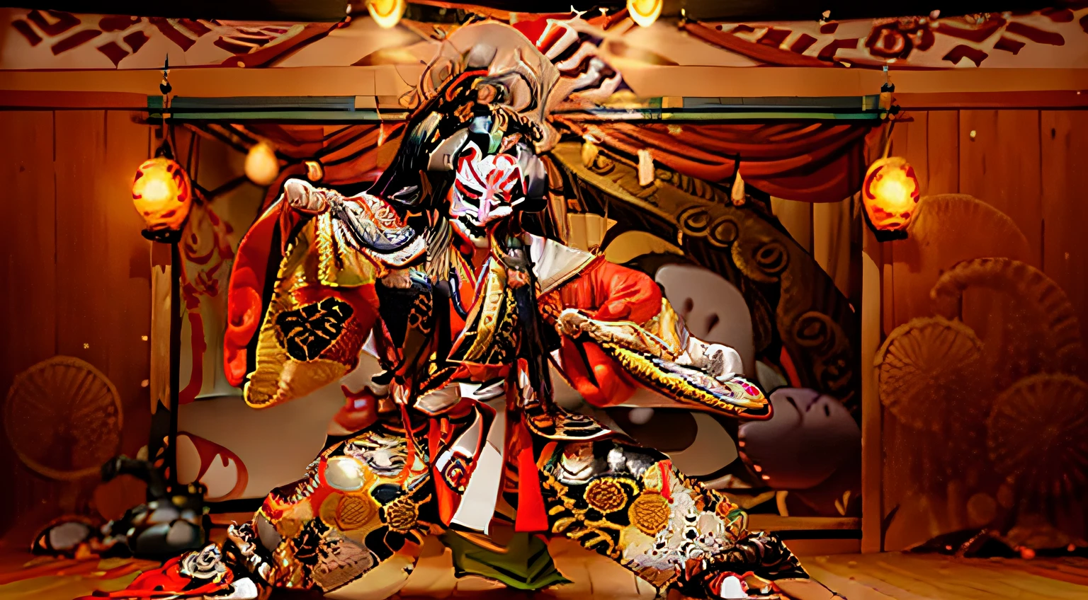 Kabukiza,Kabuki actor,ember,male people,Kime Pose,Long hair,Scary face,The background is the stage,a cool,realisitic,a picture,