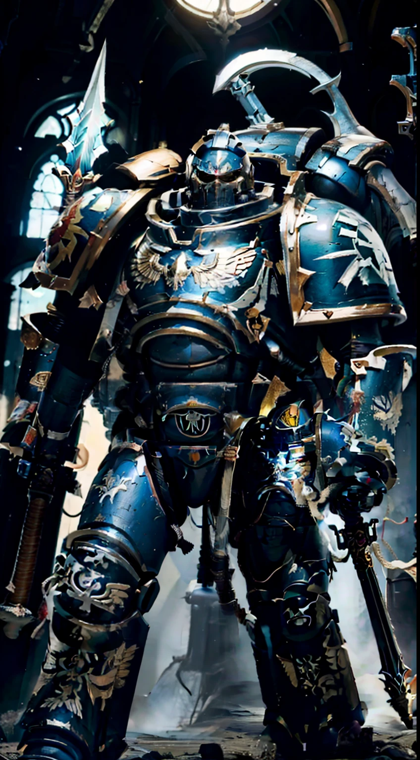 Inside the building，Silver full body armor，two meters tall，He held a black spear in his hand，Huge power armor， Large thick armor, High detail, Realistic art style,