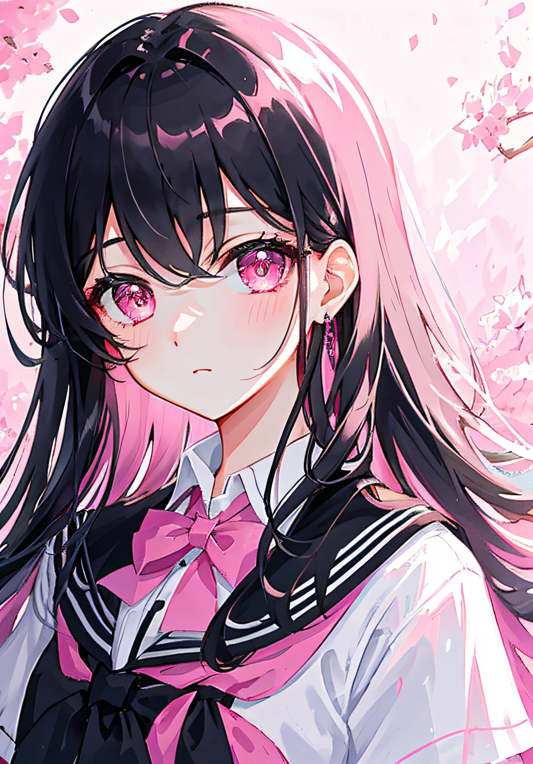 Masterpiece, Best quality, Ultra-detailed, illustration, Portrait, 1girll, black_Hair, Pink eyes, Long hair, school uniform,