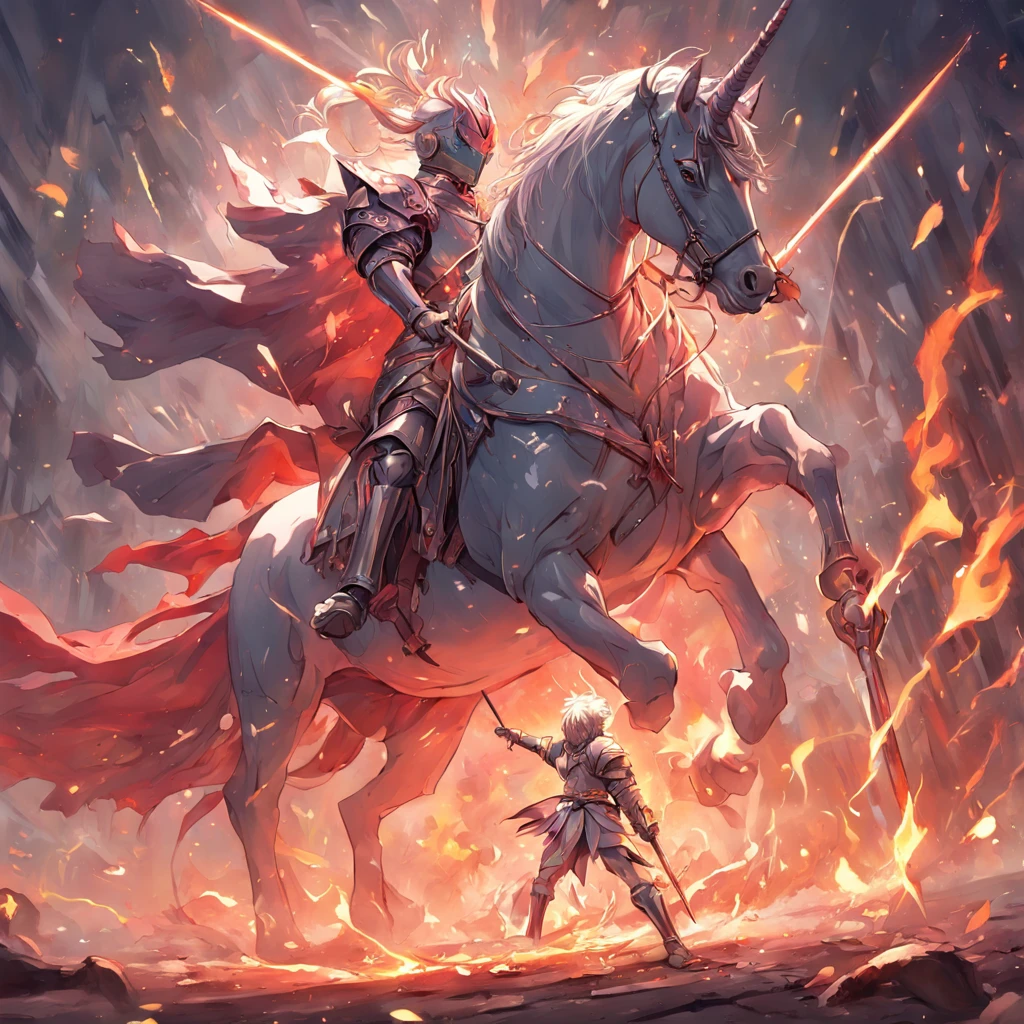 knight with fire sword charging on a unicorn towards a red skinned devil, epic, radiant, motions, amazingly detailed, hyperrealistic.