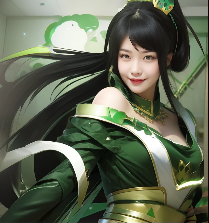Smiling girl with black hair in sword and green dress