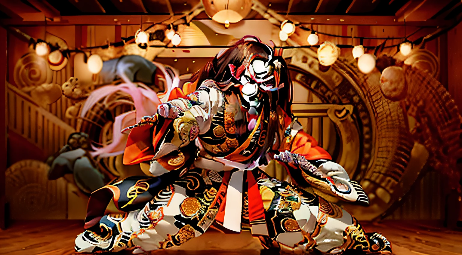 Kabukiza,Kabuki actor,ember,male people,Kime Pose,Long hair,Scary face,The background is the stage,a cool,realisitic,a picture,