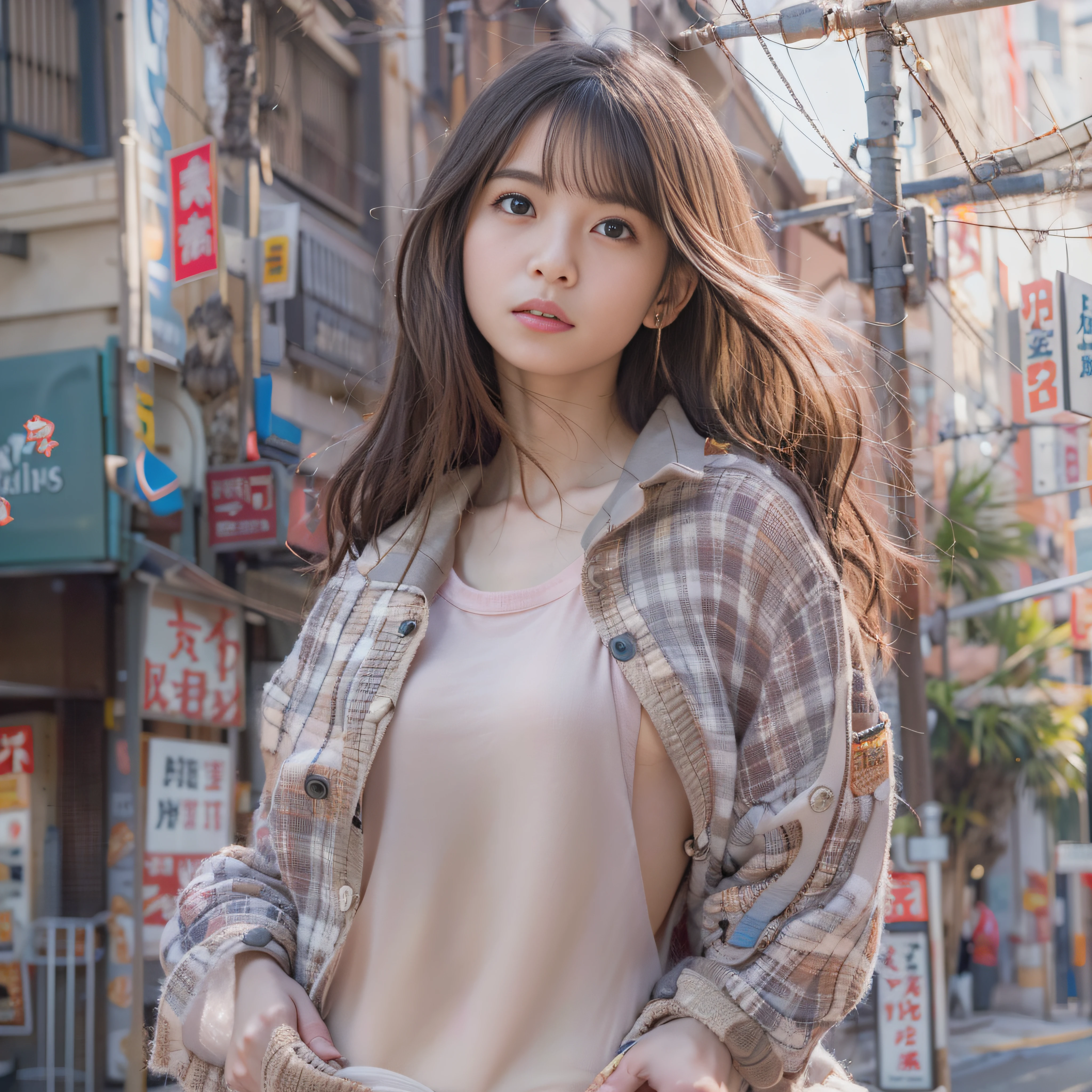 女の子1人、on tokyo street、A city scape、The upper part of the body、a closeup、A smile、、(8K、Raw photography、top-quality、​masterpiece:1.2)、(realisitic、photoRealstic:1.37)、Highly detailed eyelash drawing、(((Top image quality))),Colossal tits、Fine skin, (Beautiful hair), (Perfect Anatomy), (Realistic), (Dynamic Angle), Pose Seductive,Perfect,Sensual look、top-quality、hight resolution、