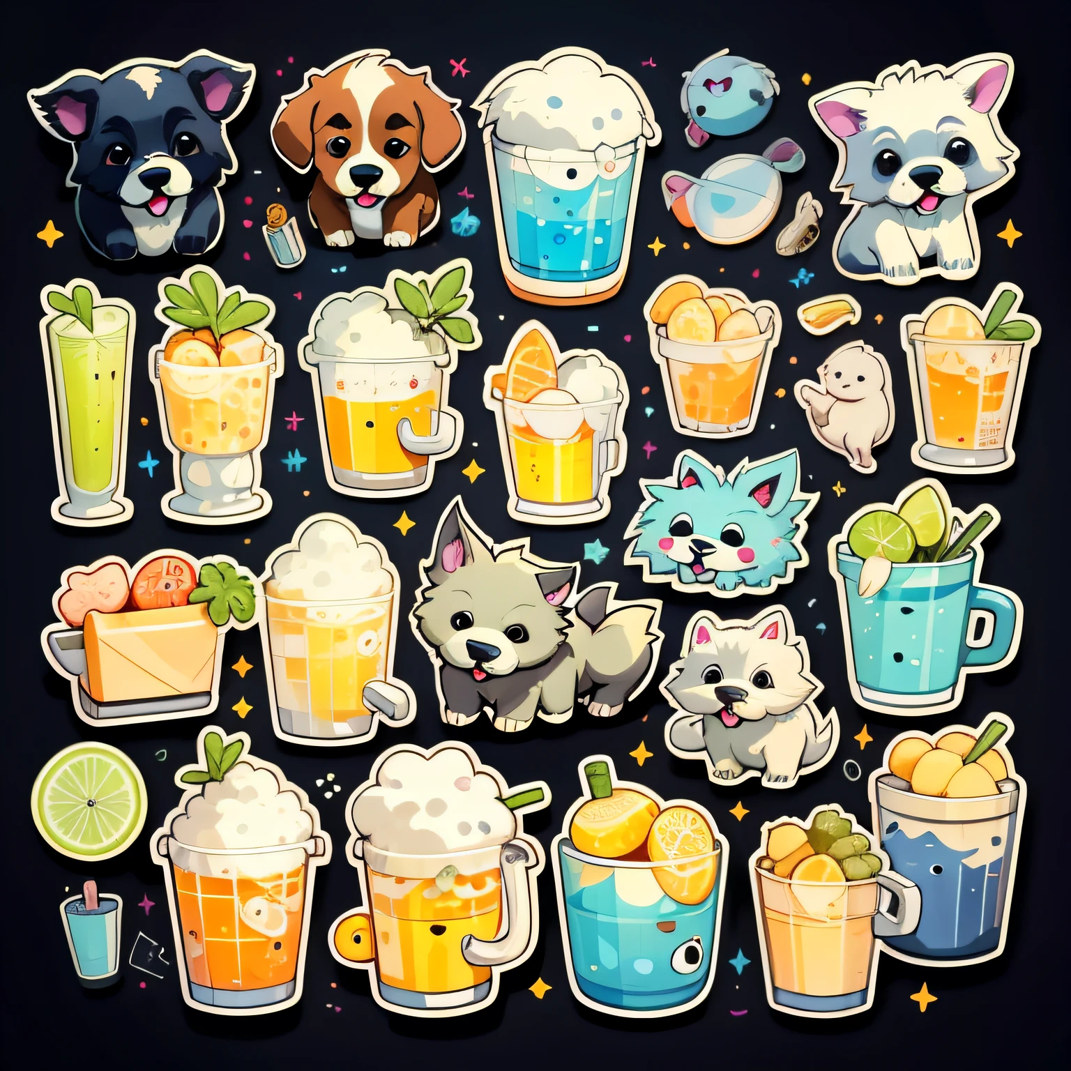 adesivo,dog, fundo simples,cartela,bebidas,varios temas, cartoon style