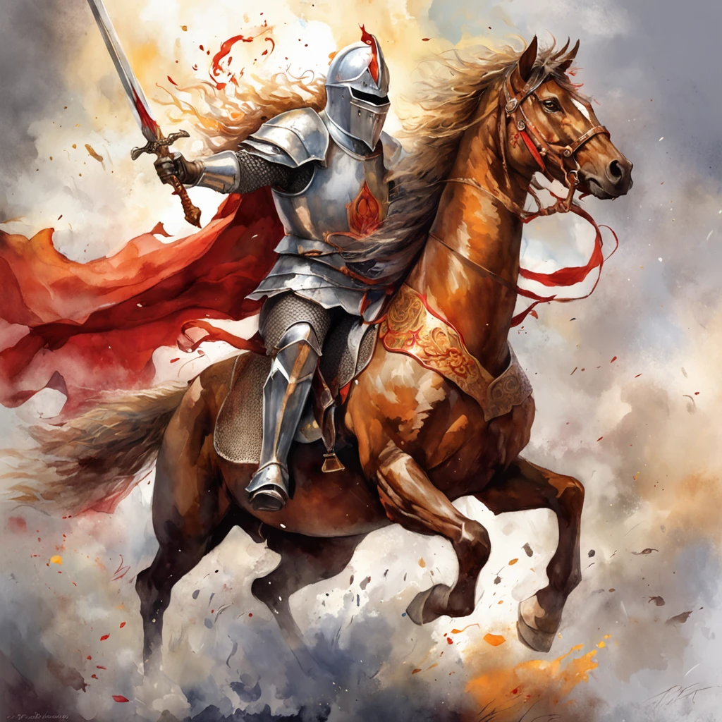knight with fire sword charging on a unicorn towards a red skinned devil, epic, radiant, motions, amazingly detailed, hyperrealistic.