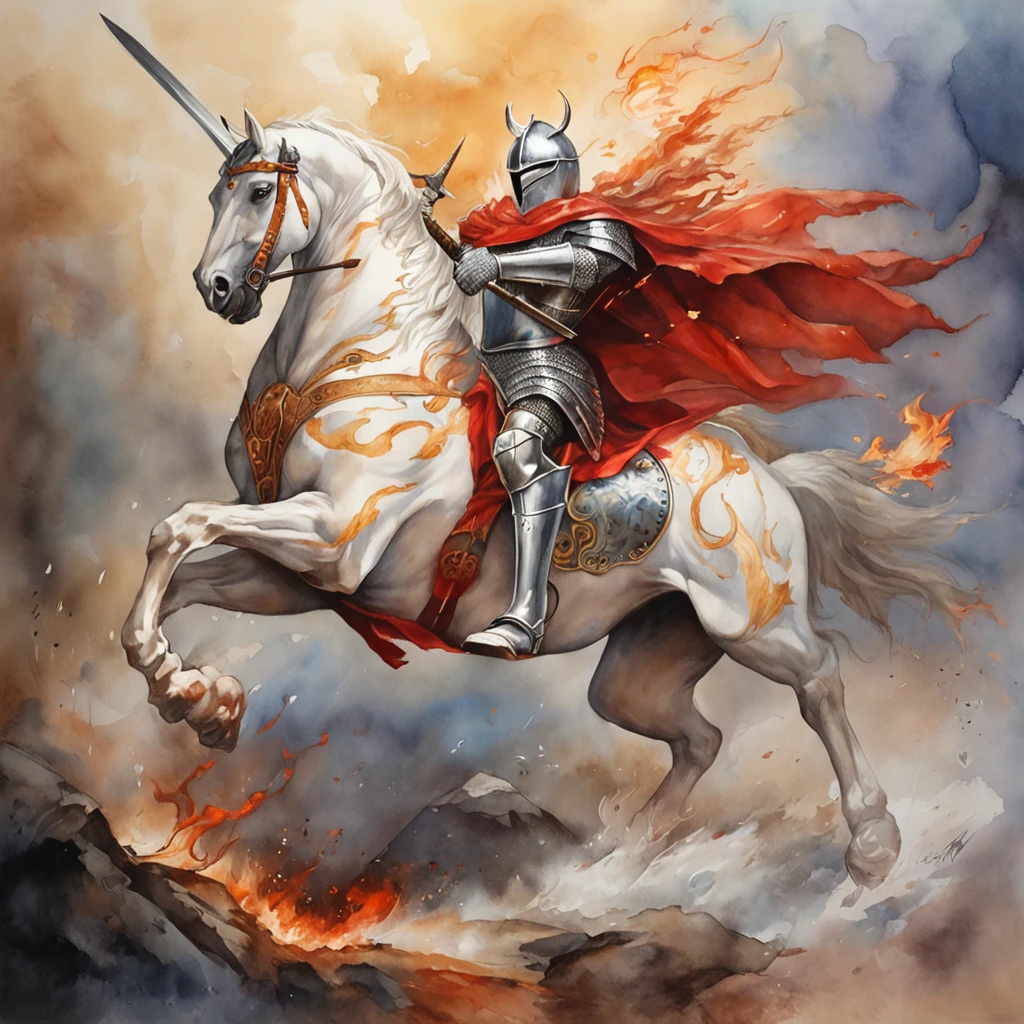 knight with fire sword charging on a unicorn towards a red skinned devil, epic, radiant, motions, amazingly detailed, hyperrealistic.