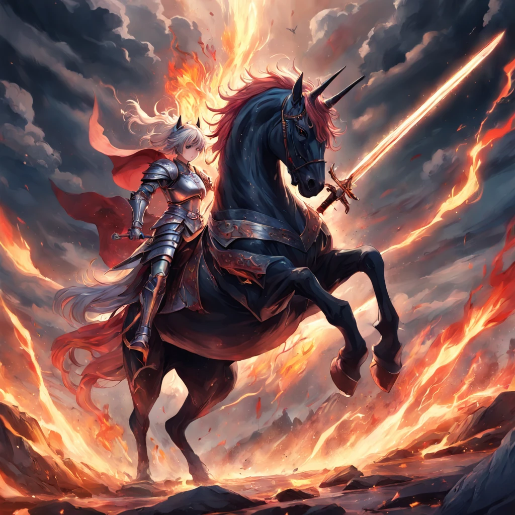 knight with fire sword charging on a unicorn towards a red skinned devil, epic, radiant, motions, amazingly detailed, hyperrealistic.