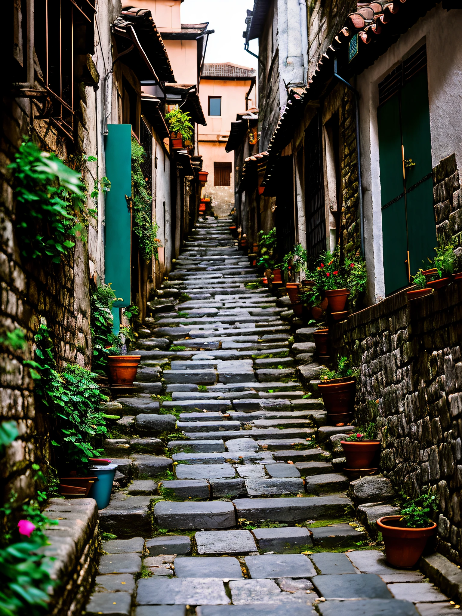 There is a narrow alley,There are stone walkways and stone steps, you can see all the passageways, ancient city streets behind her, Abandoned streets, alley, Road, Dark stone walls and columns, shady alleys, alleys, street of teal stone, alleys, at an ancient city, clothed in ancient street wear, in ancient city ruins