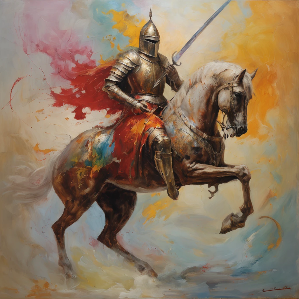 knight with fire sword charging on a unicorn towards a red skinned devil, epic, radiant, motions, amazingly detailed, hyperrealistic.
