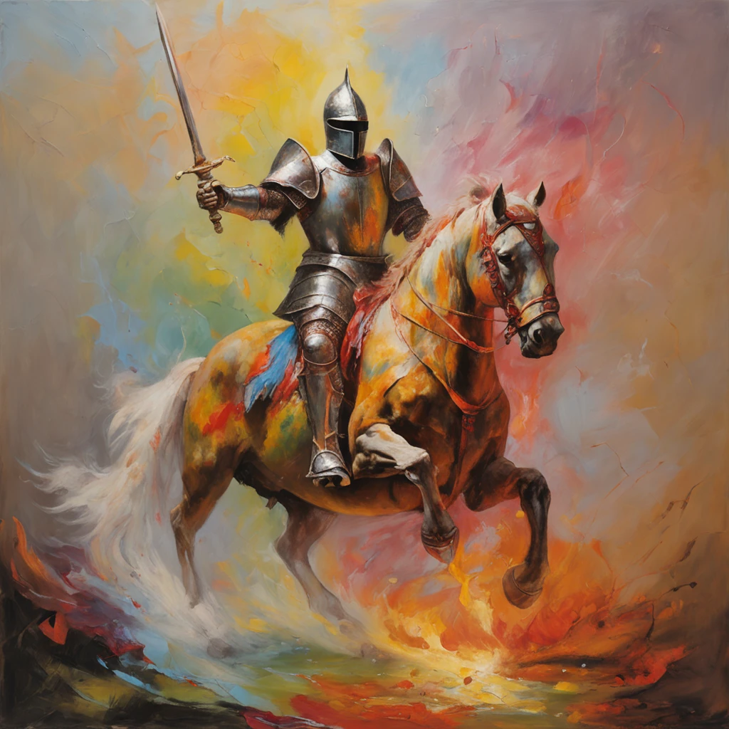 knight with fire sword charging on a unicorn towards a red skinned devil, epic, radiant, motions, amazingly detailed, hyperrealistic.