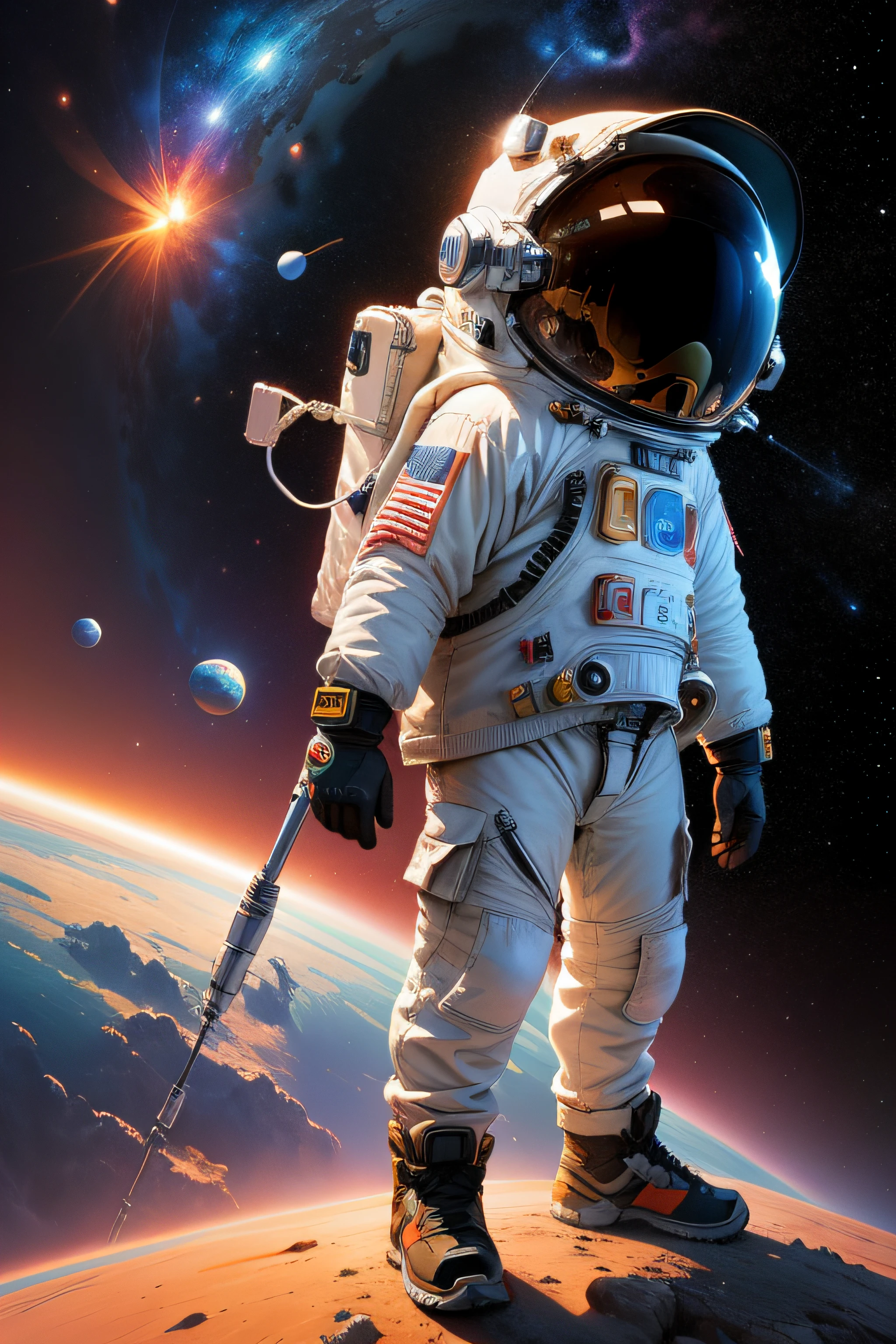 A astronaut standing on a blue planet.