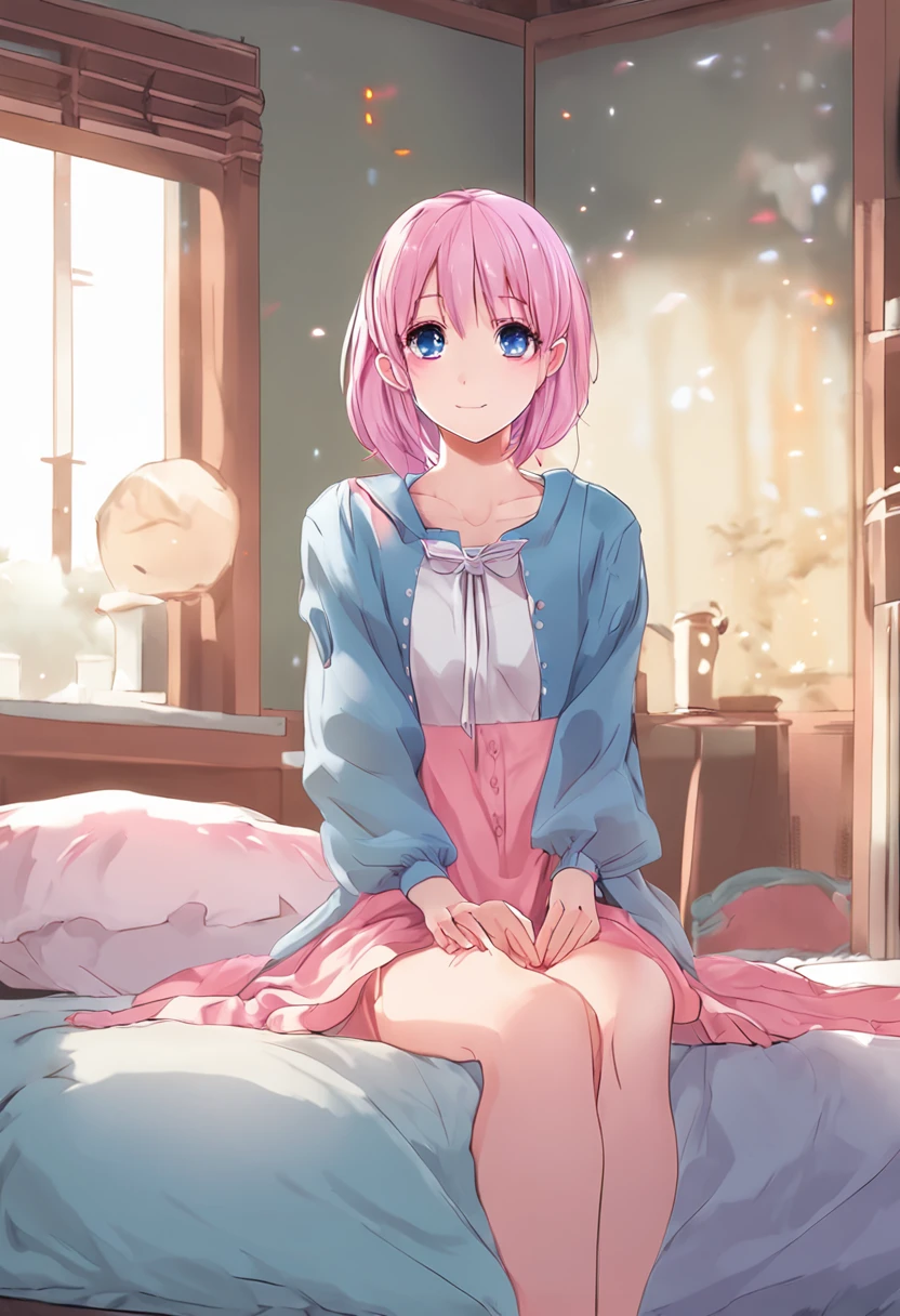 Anime girl with blue hair and pink dress sitting on bed, Cute anime girl, up of young anime girl, pretty anime girl, anime visual of a cute girl, Anime girl, cute kawaii girls, An anime girl, Cute anime, style of anime4 K, (Anime girl), High Quality Anime Art Style, Soft anime illustration, anime moe art style, Beautiful anime girl