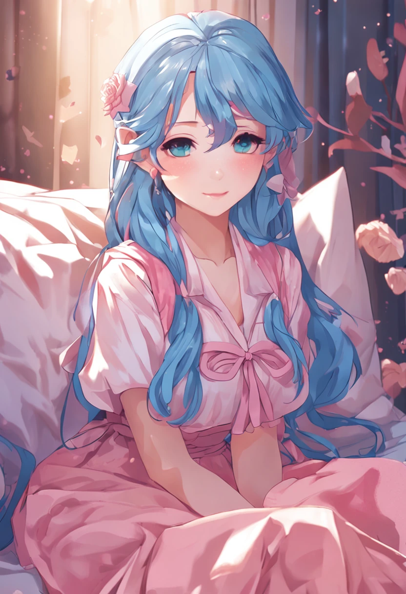 Anime girl with blue hair and pink dress sitting on bed, Cute anime girl, up of young anime girl, pretty anime girl, anime visual of a cute girl, Anime girl, cute kawaii girls, An anime girl, Cute anime, style of anime4 K, (Anime girl), High Quality Anime Art Style, Soft anime illustration, anime moe art style, Beautiful anime girl