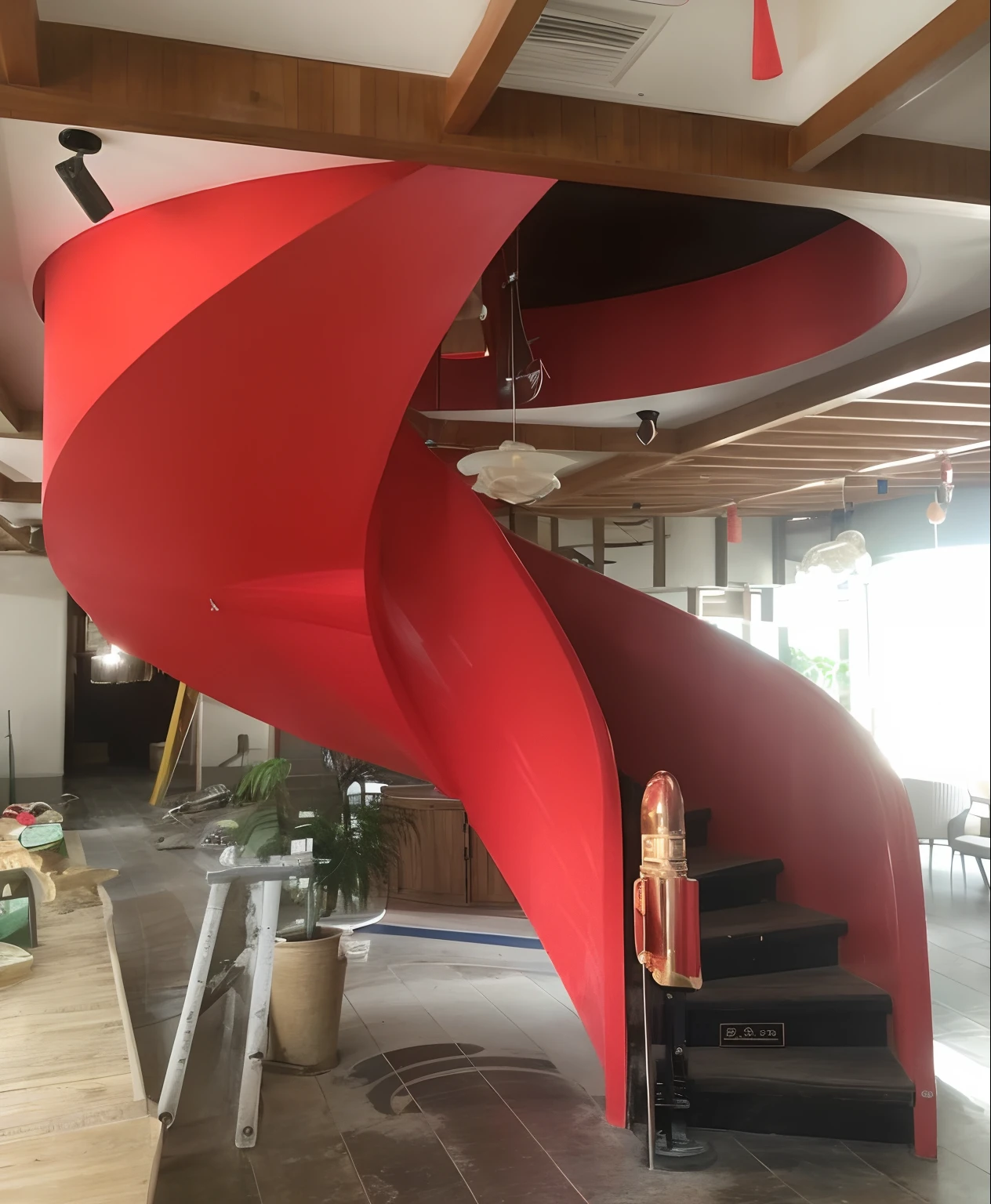 "Gorgeous design，Indoor amusement park style，Close-up blue spiral staircase，curvy build，Tornado style"