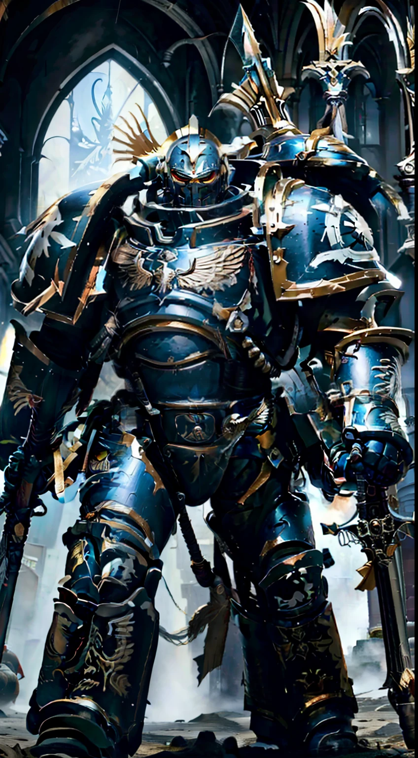 Inside the building，Silver full body armor，two meters tall，He held a black spear in his hand，Huge power armor， Large thick armor, High detail, Realistic art style,