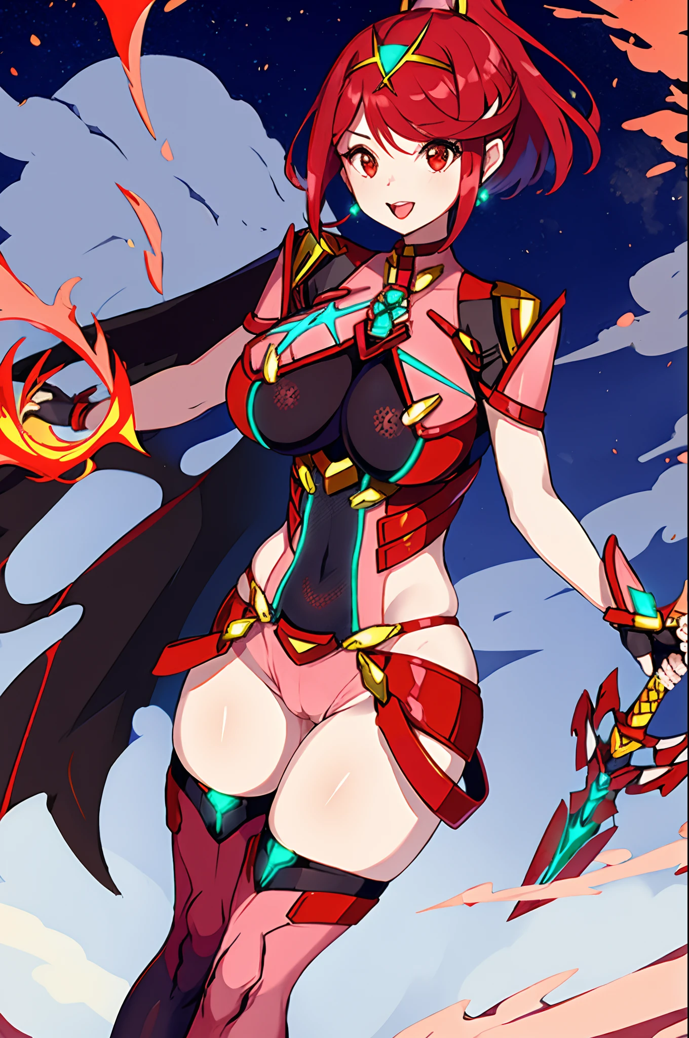 pyra \(xenoblade\), _1girl, lolimor, bangs, black gloves, breasts, red eyes, light_open_mouth, earrings, eyelashes, fingerless gloves, floating hair, framed breasts, gem, gloves, hair ornament, headpiece, jewelry, big_breasts, leaning back, leotard, neon trim, official art, pose, red hair, red shorts, saitou masatsugu, short hair, short shorts, short sleeves, shorts, sidelocks, skin tight, solo, standing, swept bangs, thighhighs, tiara, night_prairie_background, turtleneck, underbust, vambraces, xenoblade chronicles \(series\), (xenoblade chronicles 2), (spread_legs:1.1), fire_effect,dynamic_pose,fighting,light_smile, (plump:1.4), big_ass,huge_sword, hold_large_sword_hilt, scovered_nipples, (covered_pussy:1.2),cameltoe,back_view, fists,ponytail,plump,beautiful_fingers,solo,