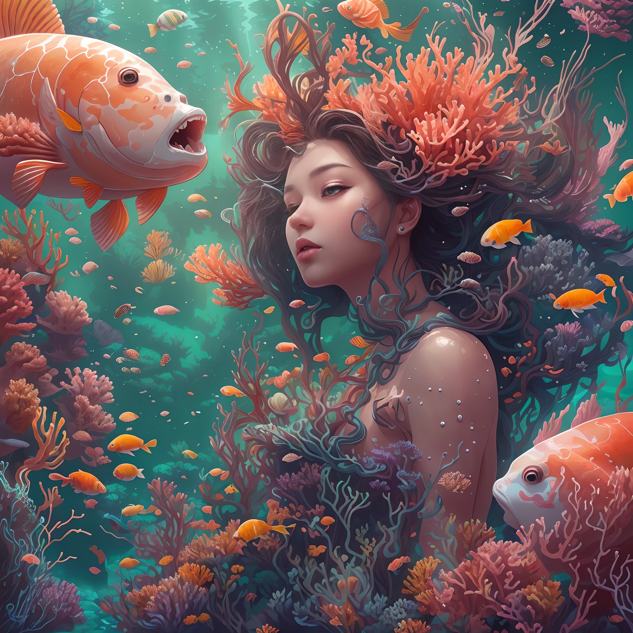 ModelShoot style, (Extremely detailed Cg unified 16K wallpaper), A chaotic storm of intricate liquid smoke in the head, Stylized abstract photo of mermaid, wetted skin,Koi,Beautiful koi,Flocks of koi,carp,Strange shaped corals,ocean floor,Beautiful coral reef in the background,Rochas,Marine life,colorful coral reef,Decorate with coral reefs,author:Petros Afshar, ross tran, tom whalen, Peter Mohrbacher, Art germ, ((bubbly underwater scenery)) Radiant light octane rendering is highly detailed, inspired by Yanjun Cheng, Beautiful digital artwork, Guviz-style artwork,16K highly detailed digital art, Beautiful digital illustration, Cute detailed digital art, stunning digital illustration, A beautiful artwork illustration, Exquisite digital illustration,16k detailed digital art,