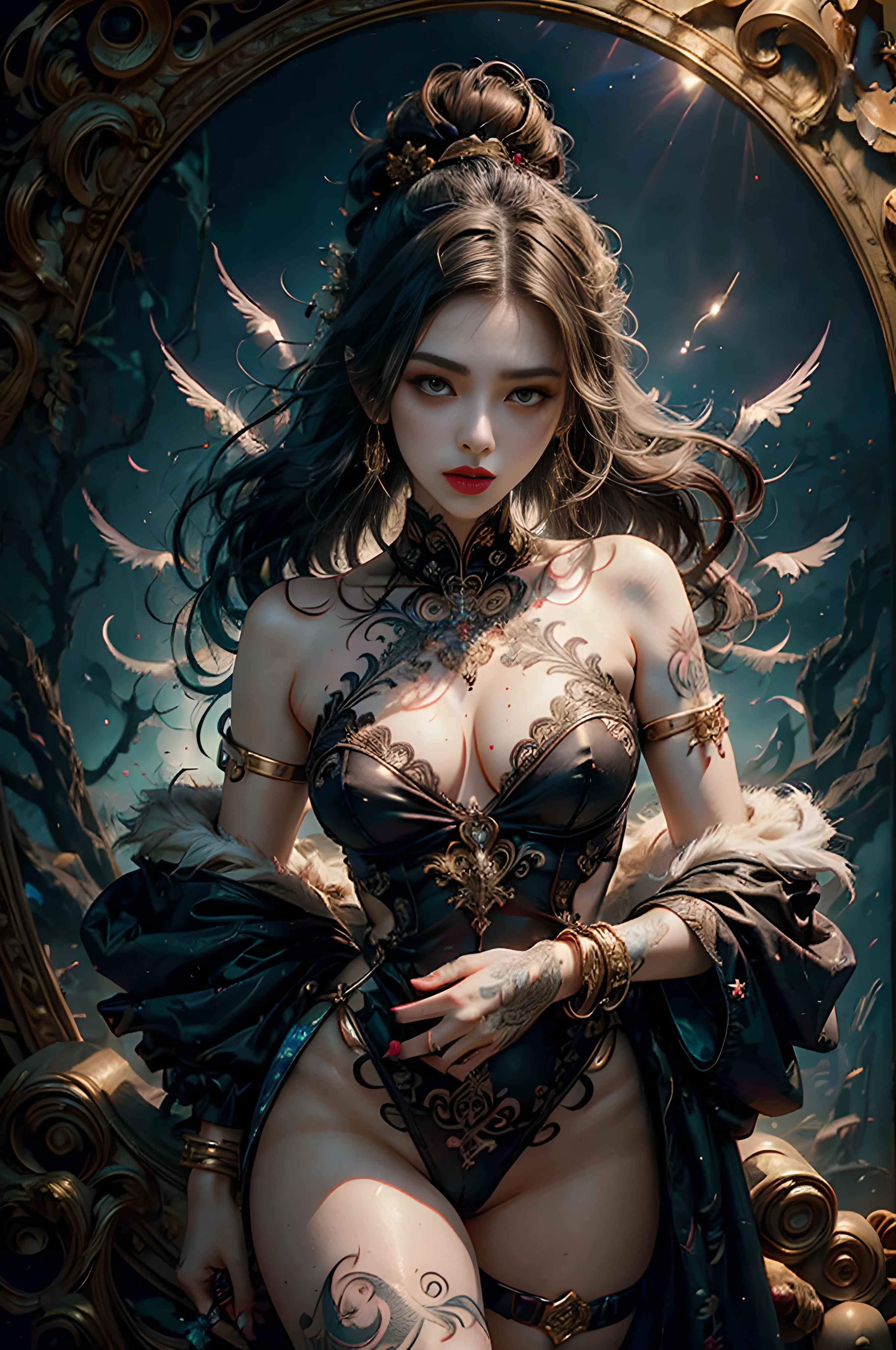 A sexy woman in dress, A beautiful babe ,sex slave, erotic worker, prostitute, hooker),(sex pose, erotic design , erotic face, erotic pose),(small tits, golden hair , big eyes, sexy eyes body covered with tattoo, red lips, sexy lips, sexy face, hand tattoo, leg tattoo, chest tattoo ,pore white hair), (wearing sex slave accessory ,golden accessory, Slave bracelet, bracelet, , naked, magical forest (masterpiece, top quality, best quality, official art, beautiful and aesthetic:1.2), , extreme detailed,(fractal art:1.3), entangle ,colorful ,highest detailed (((masterpiece))), (((best quality))), ((ultra-detailed)),(highly detailed CG illustration) ((an extremely delicate and beautiful)) ,cinematic light, erotic, erotic pose, back pose