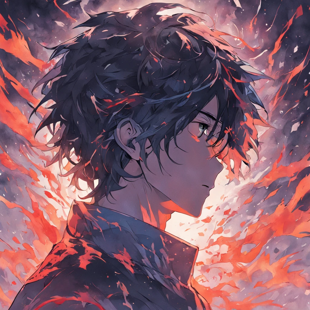 Alone, elegant, watercolor,1 male, good man,short hair, black fur, red & blue eyes,black light, black coat, smoke, de smoke, black fire