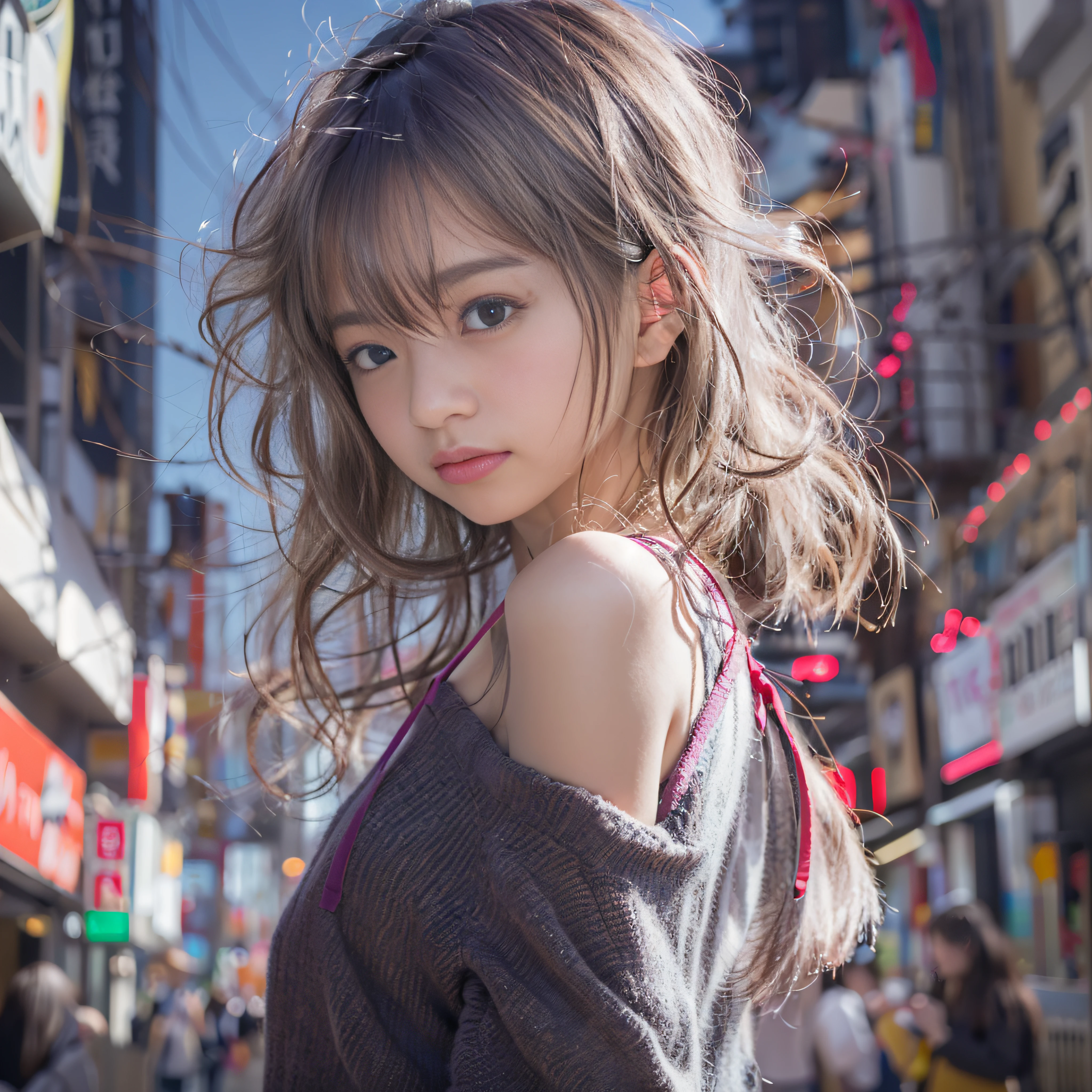 女の子1人、on tokyo street、A city scape、The upper part of the body、a closeup、A smile、、(8K、Raw photography、top-quality、​masterpiece:1.2)、(realisitic、photoRealstic:1.37)、Highly detailed eyelash drawing、(((Top image quality))),Colossal tits、Fine skin, (Beautiful hair), (Perfect Anatomy), (Realistic), (Dynamic Angle), Pose Seductive,Perfect,Sensual look、top-quality、hight resolution、