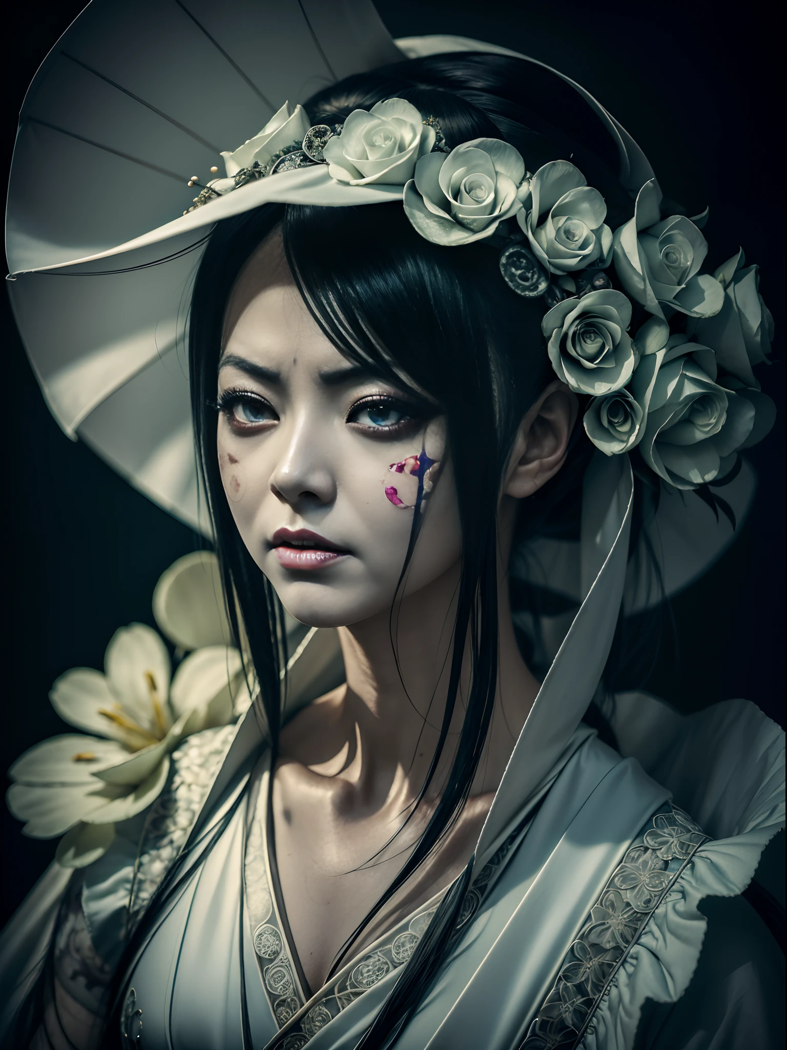 sexy creepypasta Kuchisake Onna in wedding dress, fine art photography, flower photography, macro photography, surreal photography, haze, ultra-detailed, film photography, light leaks, Larry Bud Melman, trending on artstation, sharp focus, studio photo, intricate details, highly detailed, by greg rutkowski
