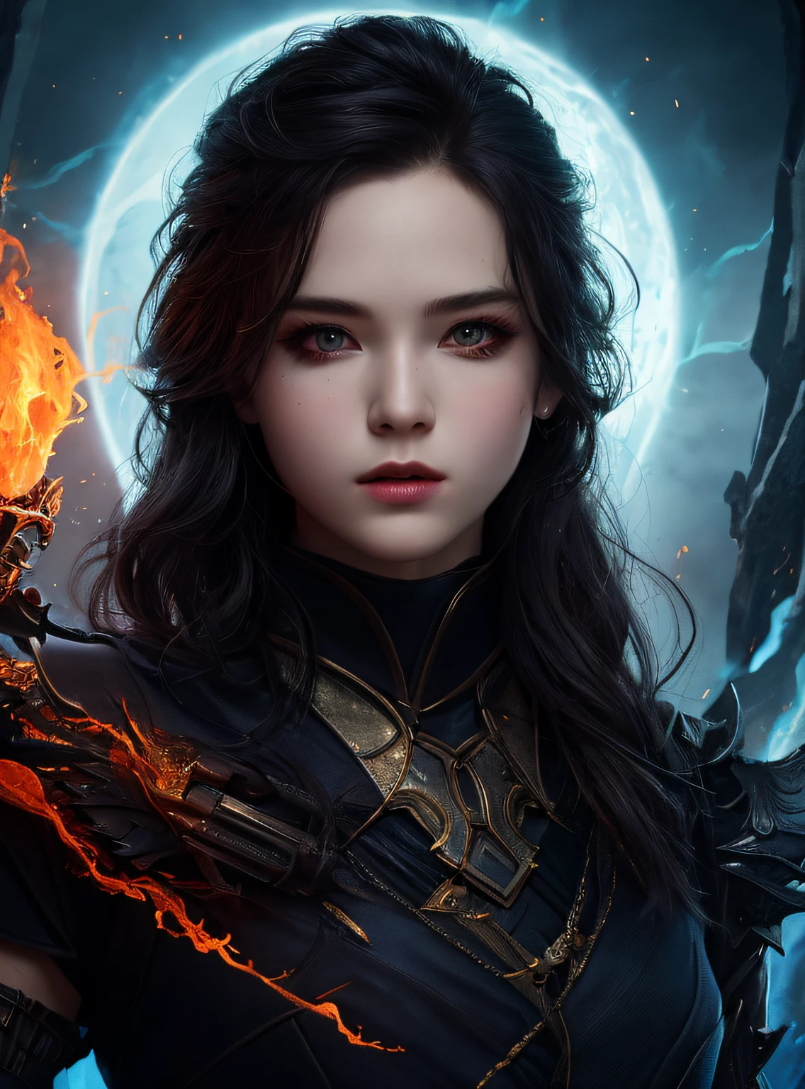 1girl,solo,masterpiece, best quality,fantasy,dark,shadow,
face is important,boy is important,eyes are important,rThe character is the main body of the work,(upper body),
flames,ruins, swirling magic,
