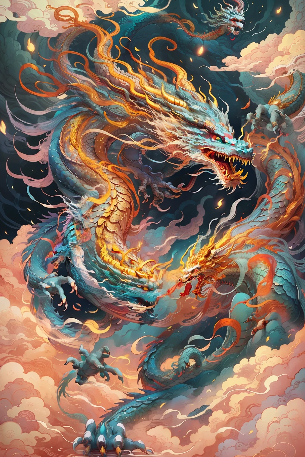 A Chinese dragon shuttles through the clouds，Blue mane, Detailed dragon claws，jen bartel, mythological creatures, Inspired by James，ethereal fox, psychedelic illustrations, colorful flat surreal ethereal, james jean style, an illustration of inspired by Victo Ngai, A beautiful artwork illustration, author：Caroline Chariot-Dayez, intricate digital painting, victo ngai and tristan eaton