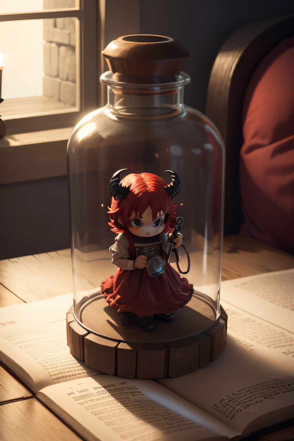 little red angry demon child trapped inside a bottle closed with a stopper. The bottle is next to a lit candle and a bible. realistic image