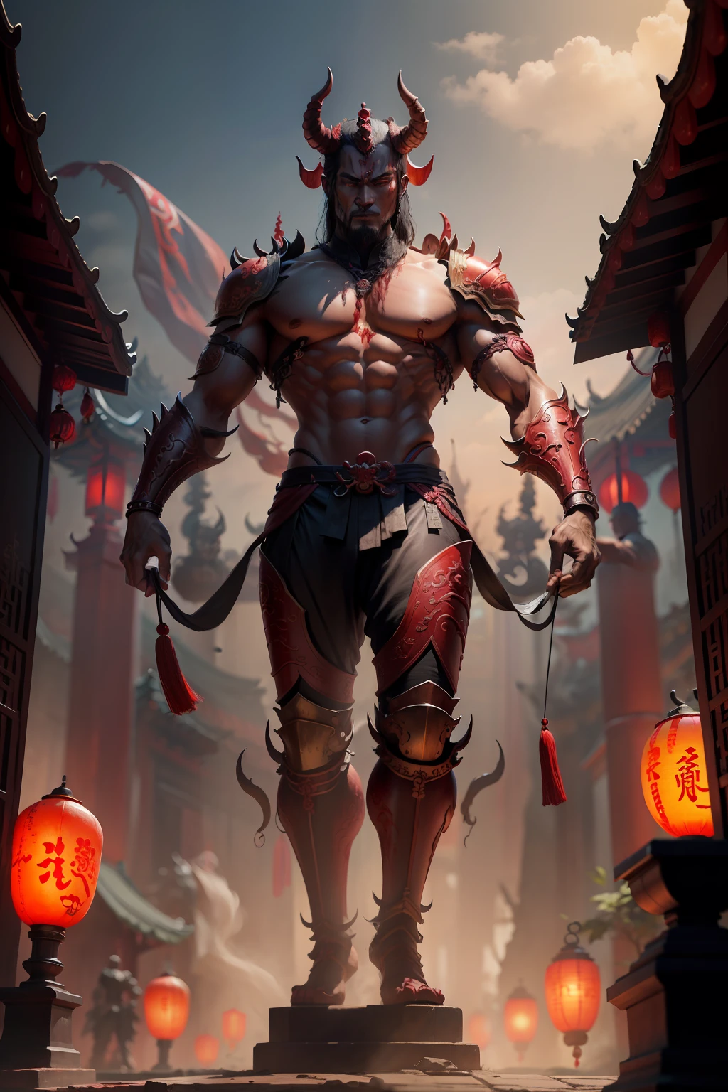 Three-headed and six-armed demon image,Ancient Chinese armor,Holding an iron rod,Realistic figure painting,Blood-colored Taoist temple in background