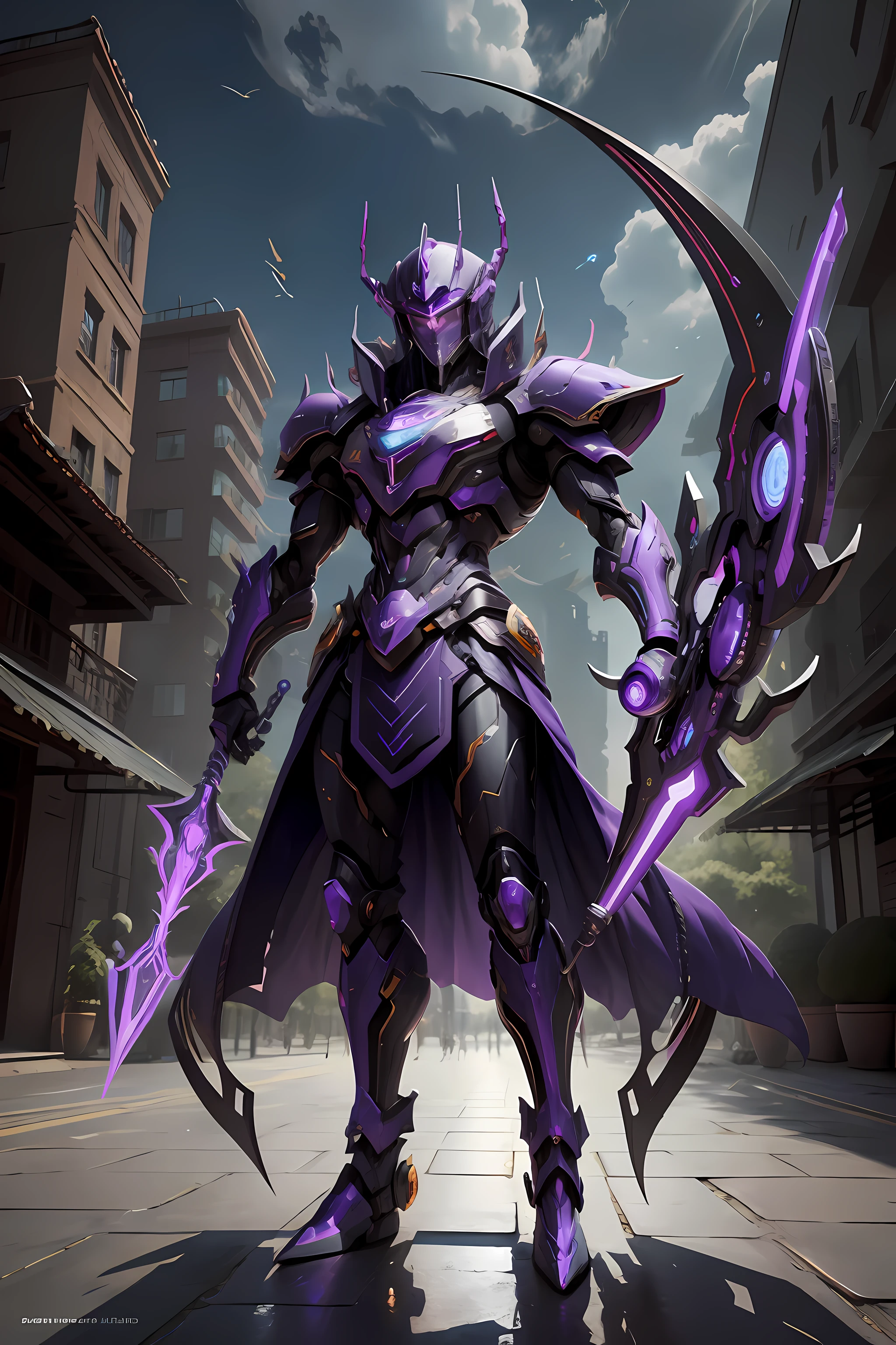 Sima Yi's purple mecha realistic version,His mind controlled the energy scythe,Behind it is an endless abyss(Draw only the upper body)