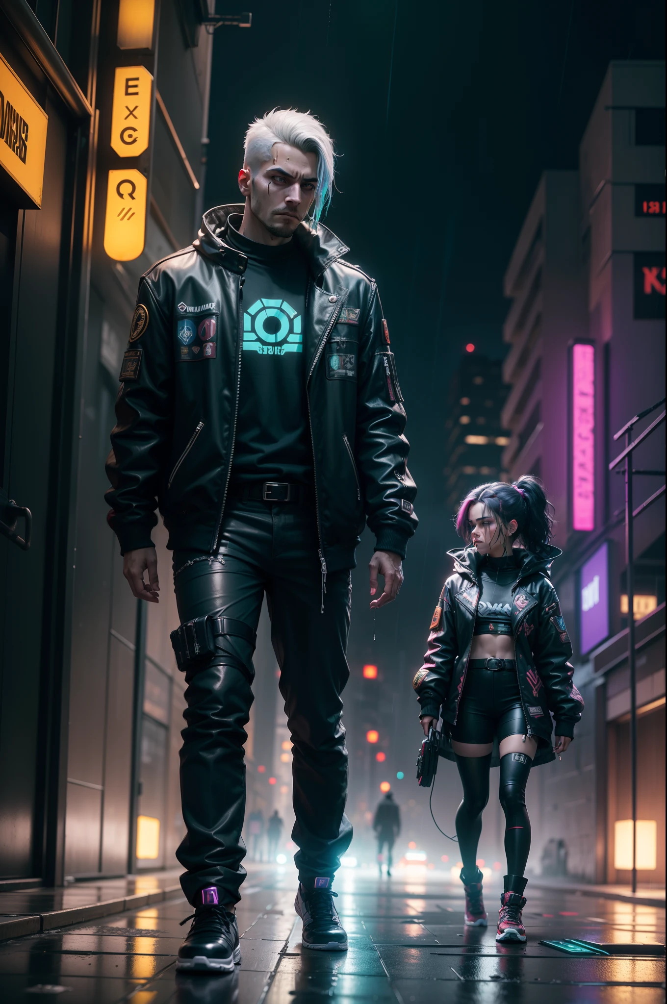 wearing cyberpunk 2 0 7 7 jacket, style of cyberpunk 2 0 7 7 roupas, Vividly and thoroughly describe an image of a man in cyberpunk style. He is depicted in a futuristic urban setting, with glowing neons and gigantic buildings in the background. O homem possui um visual ousado e com pequenos detalhes de tecnologia, softly flashing LED lights. His facial expression reveals determination and perhaps a touch of mystery, as he walks through the rain that reflects the profusion of colors around him. The environment around him exudes a frenetic and vibrant atmosphere, com hologramas flutuando no ar, flying vehicles buzzing between buildings and people wearing equally futuristic costumes. This scene captures the essence of the cyberpunk genre, exploring the intersection of humanity and technology in a world filled with contrasts.