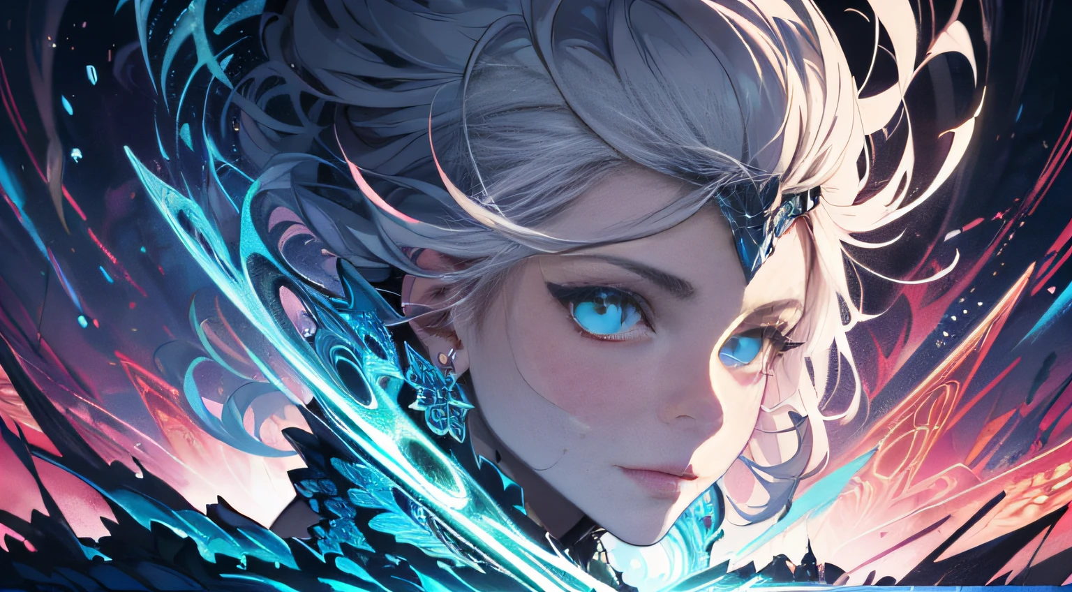 absurd, high resolution, super detailed, official art, unified 8k wallpaper, super detailed, beautiful and aesthetic, masterpiece, best quality, (zentangle, ice, tangles, entanglement), (fractal art: 1.3), realistic, (masterpiece, top quality, best quality, official art, beauty and aesthetics: 1.2), very detailed, fractal art, colorful, most detailed, zentangle, (abstract background: 1.5) (1boy: 1.3), gods, (glowing blue eyes), mysterious, (magic), (sitting on top of the giant Lycoris radiata), ice and snow