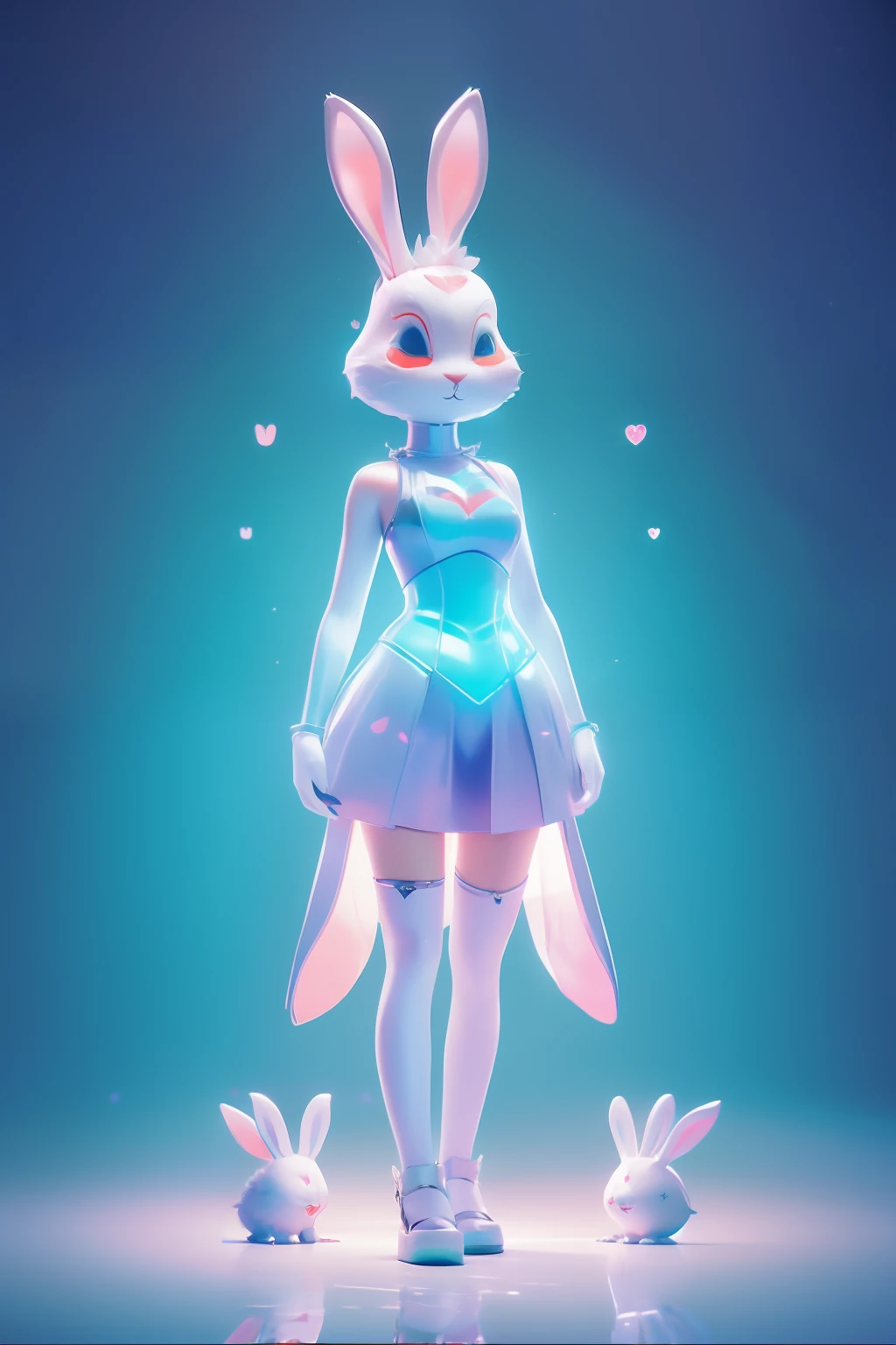 (((edgBunny))),edgBunny,(((Behind it is a huge rabbit))),A woman of outstanding figure,Wear a nice miniskirt,Leaking out of both shoulders,jewely,Amazing work,Vitreous luster,clean backdrop,High gloss,blue colors,In pink,cyan colors,red colour
