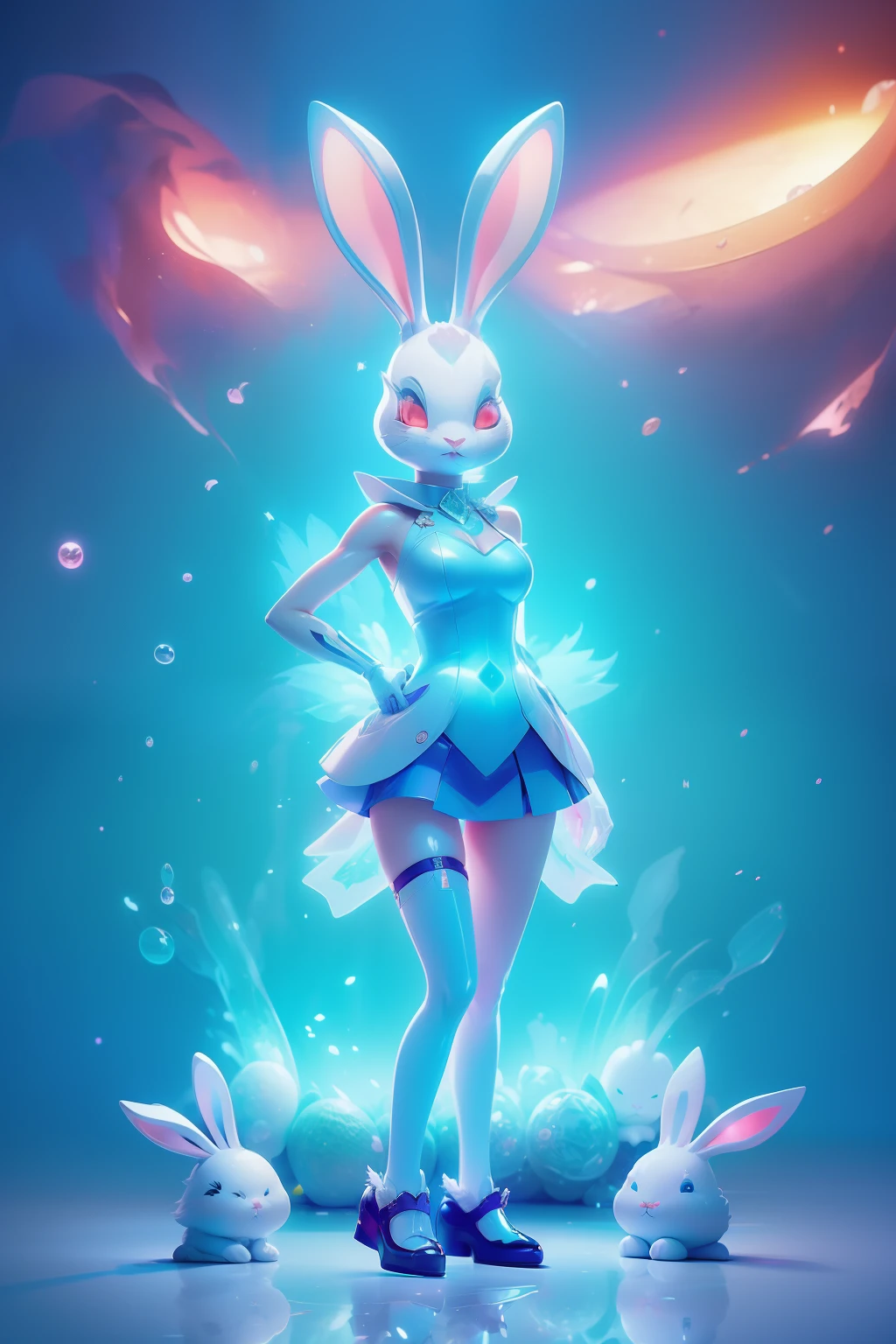 (((edgBunny)))，edgBunny，(((Behind it is a huge rabbit)))，A woman of outstanding figure，Wear a nice miniskirt，Leaking out of both shoulders，jewely，Amazing work，Vitreous luster,clean backdrop，High gloss，blue colors，In pink，cyan colors，red colour