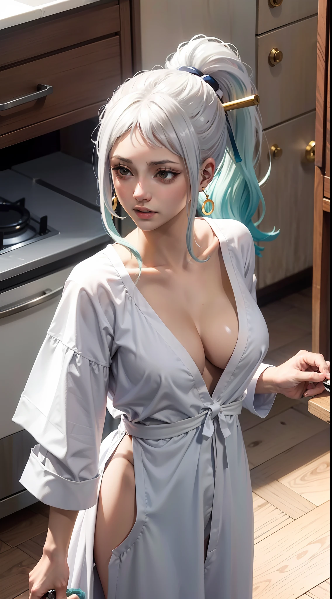 yamato from anime one piece, white hair, light blue hair tips, ponytail hair, perfect body, perfect breasts, beautiful woman, very beautiful, wearing white sleeping pajamas, nightgown, pajamas, wearing a watch wearing earrings, in the kitchen, dry kitchen, Realism, masterpiece, textured skin, super detailed, high detail, high quality, best quality, 1080P, HD, 16k