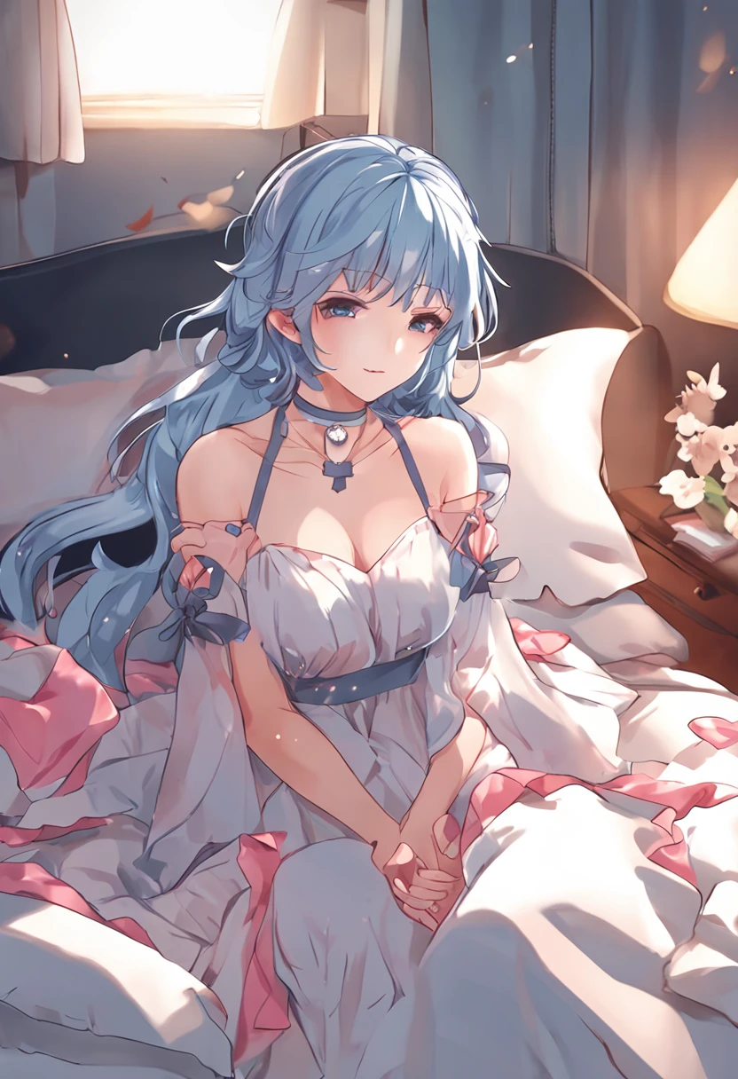 artistic photograph, Real light and shadow ,((night)),bed,red silk bed,(nud)),1 beautiful girl,happy ???,??? on dress,(((Liquid on the face))),((steaming body)),A soaked body,Open mouth ,((scream)),The white mist exhaled,Steam,Trembling,Overhead shot, first person, grimace,Skin texture, sweaty texture, sweating, upper body close-up,(((Long light blue hair))),Red eyes,(long hair),(Red petal),Exhausted, absent-minded,Put hand under the pillow