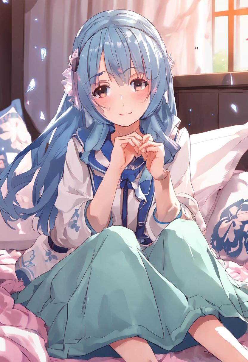 Anime girl with blue hair and pink dress sitting on bed, Cute anime girl, up of young anime girl, pretty anime girl, Genshin character Seven Seven Image，anime visual of a cute girl, Anime girl, cute kawaii girls, An anime girl, Cute anime, style of anime4 K, (Anime girl), High Quality Anime Art Style, Soft anime illustration, anime moe art style, Beautiful anime girl