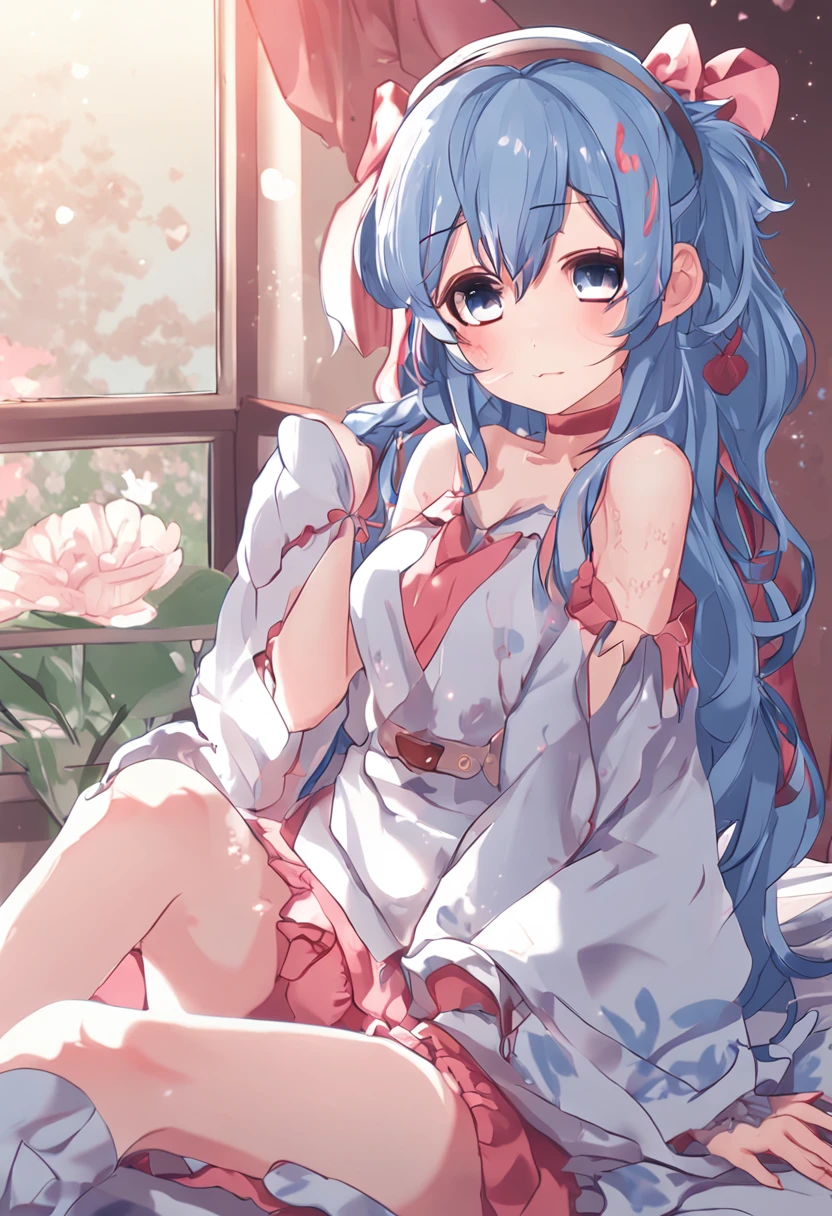 Anime girl with blue hair and pink dress sitting on bed, Cute anime girl, up of young anime girl, pretty anime girl, Genshin character Seven Seven Image，anime visual of a cute girl, Anime girl, cute kawaii girls, An anime girl, Cute anime, style of anime4 K, (Anime girl), High Quality Anime Art Style, Soft anime illustration, anime moe art style, Beautiful anime girl