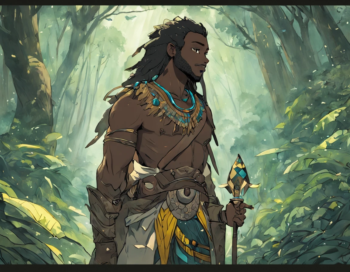 (((Luxurious shoulder-length black hair in dreadlocks, dark complexion, and sexy smirk.))) (((18 years old.))) (((18yo.))) (((Cute smirk.))) (((Single character image.))) (((1boy))) In this captivating artwork, delve into the depths of treachery and deceit as you portray a member of the jungle tribe who embodies cunning and untrustworthiness. This character, thin and wiry, exudes an air of arrogance and smugness, reveling in their villainous nature.  (((Looks African American and looks like a human version of the Disney villain Scar.)))
With a physique that belies their deceptive prowess, this character possesses a lean and sinewy frame, emphasizing their agility and ability to navigate the shadows. Their appearance draws inspiration from Scar, with a sleek and angular countenance that hints at their cunning nature.
Clad in attire that reflects their scheming persona, their clothing is adorned with dark and intricate patterns, symbolizing their affinity for manipulation and intrigue. Their garments, crafted from lightweight materials, allow for swift and silent movements, aiding them in their nefarious endeavors.
Their facial expressions and body language exude an air of superiority, with a smug and self-assured demeanor that leaves no doubt about their villainous intentions. Their eyes, sharp and calculating, seem to hold secrets and hidden agendas, inviting viewers to question their every move.

The surrounding jungle environment, while vibrant and teeming with life, takes on an eerie and foreboding atmosphere. Shadows dance amidst the dense foliage, hinting at the character's ability to blend seamlessly into the darkness. Sinister creatures lurk in the background, their presence echoing the character's malevolence.

