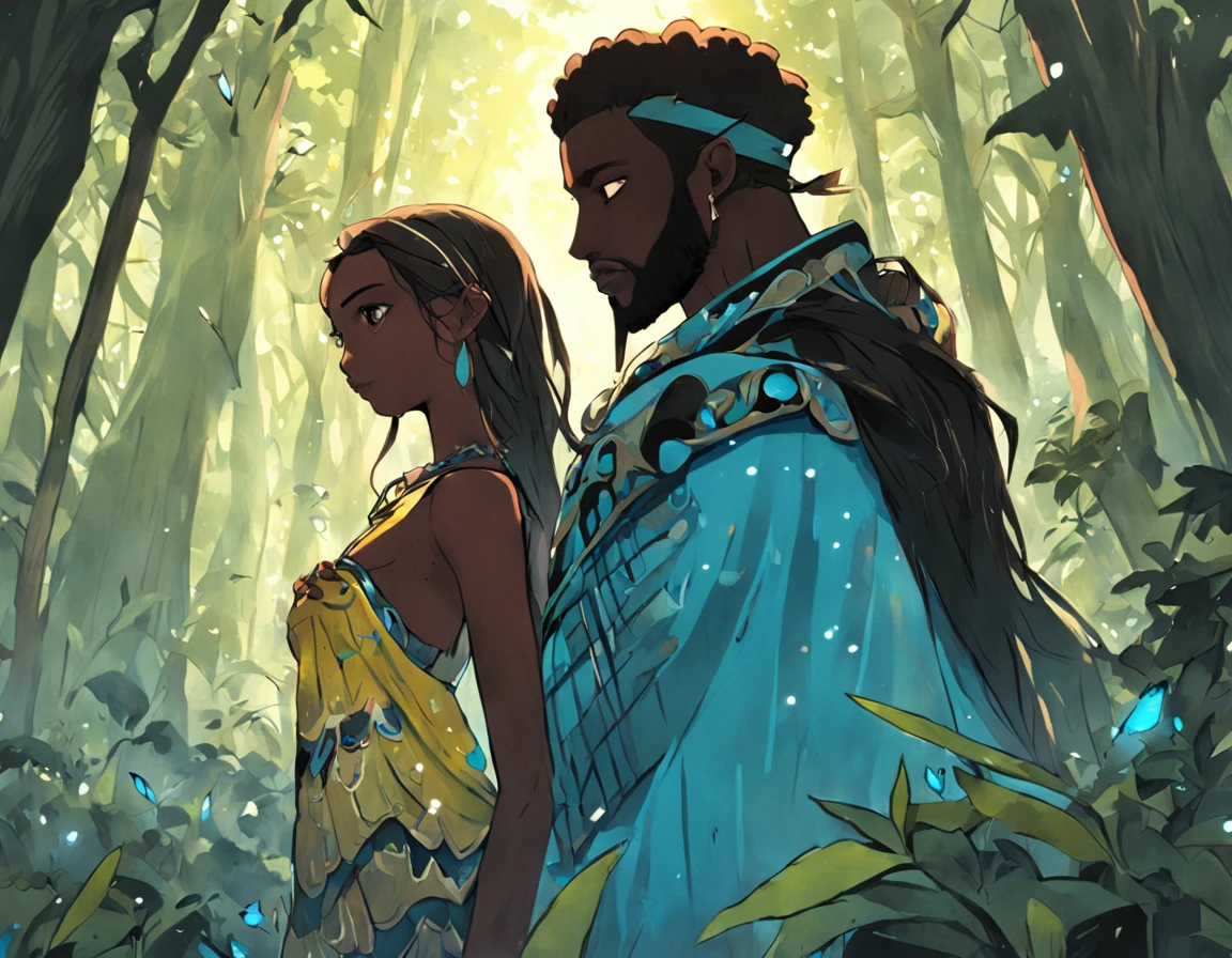 um belo casal de guerreiros um homem negro e uma mulher negra com um fundo de floresta encantada( em uma roupa azul turquesa e amarelo , imagem de um guerreiro masculino adulto, da tribo africana Ioruba , Maasai, africano, brown skin man egyptian prince, das matas com arco e flecha, Pano Distante, guerreiro masculino, mulher negra ,homem segurando arco e flecha, Mitologia africana, Ioruba, floresta encantada preto e branco, Zentangle (melhor qualidade) ultra-detalhado, Desenho de linhas finas, arte de linha fina, coloring book illustration style, linha de trabalho intrincada, Highly detailed illustration, perfect composition, lindo e deslumbrante, Dynamic angle, Alto contraste, incredible shading, amazing detail, Unique style, detalhes em preto e branco, (dark and mystical atmosphere), elementos intrincados e detalhados da natureza.