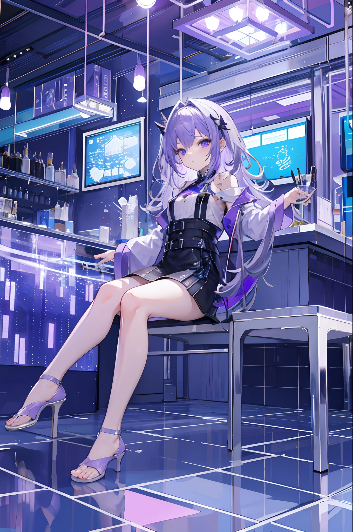 Top image quality、Girl sitting on the ground、Silver to purple gradient hair、nigh sky、Into the cloud、Cafe with complex glass structure、Blue glowing tiles