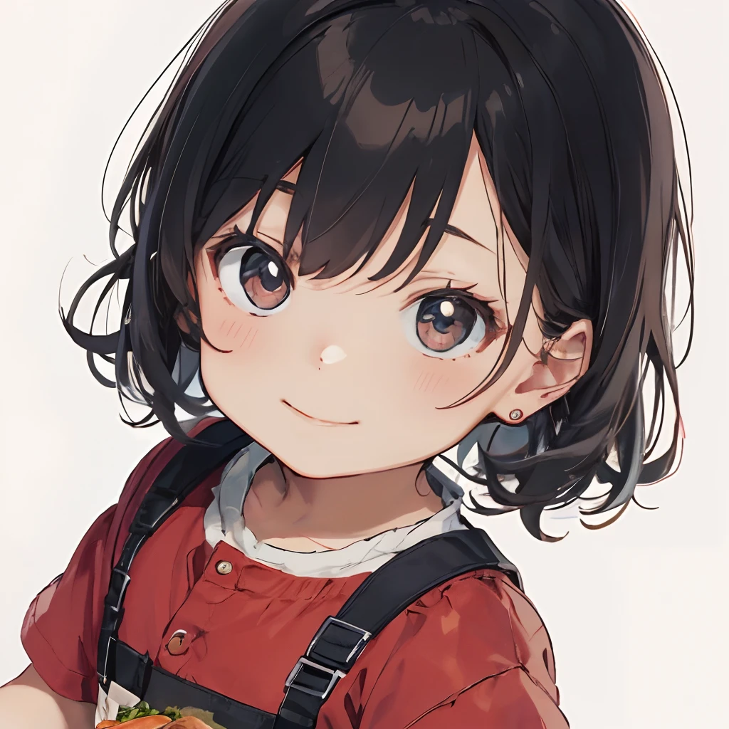 best qualtiy,1 boy, a baby face,Red clothes,(Eat hamburger steak) , adolable, C4D,(Male child)(0Year old boy)(Simple backgrounds)(ssmile)