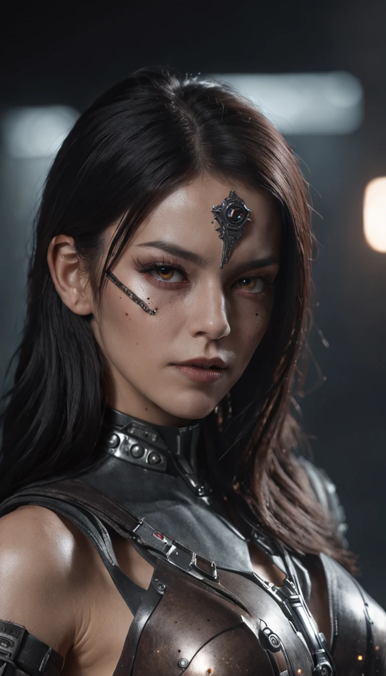 Beautiful cyborg warrior woman in style - rust magic, The rise of cyberpunk, cyberware, droid, carbon fibers, Chrome, Implants, metal skull, Cybernetic plate armor, (dark ambiance:1.2), (delivery & fumo), (nigth:1.3), the scars, (Messy medium-long black hair:1.1), (eye shadows:1.1), (Beautifully detailed brightness:1.2), (Cinematic lighting), intricately details, A high resolution, roundly eyes, Detailed facial features, foco nítido, lisses, Aesthetic, detailed dark industrial factory background, posing elegantly, dynamicposes, (dramapaint)