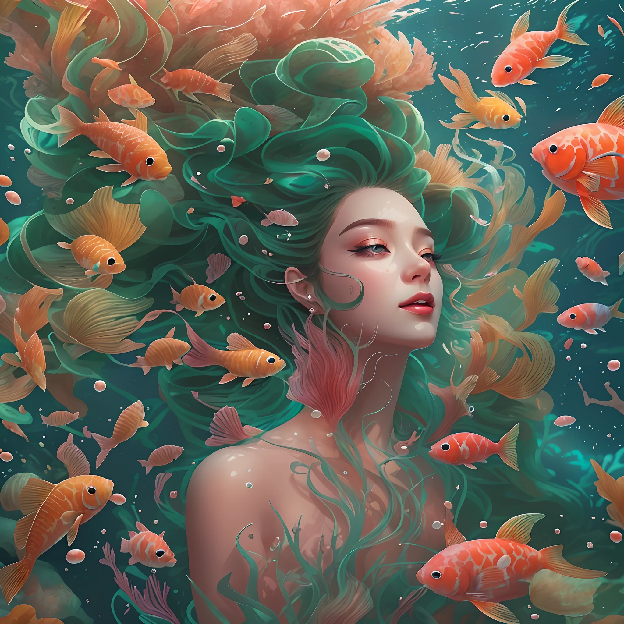 ModelShoot style, (Extremely detailed Cg Unity 8K wallpaper), A chaotic storm of intricate liquid smoke in the head, Stylized abstract photo of mermaid, wetted skin,Koi,Beautiful koi,Flocks of koi,carp,Strange shaped corals,ocean floor,Beautiful coral reef in the background,Rochas,Marine life,colorful coral reef,Decorate with coral reefs,author:Petros Afshar, ross tran, tom whalen, Peter Mohrbacher, Art germ, ((bubbly underwater scenery)) Radiant light octane rendering is highly detailed, inspired by Yanjun Cheng, Beautiful digital artwork, Guviz-style artwork, 8K highly detailed digital art, Beautiful digital illustration, Cute detailed digital art, stunning digital illustration, A beautiful artwork illustration, Exquisite digital illustration,8K detailed digital art,
Warming up