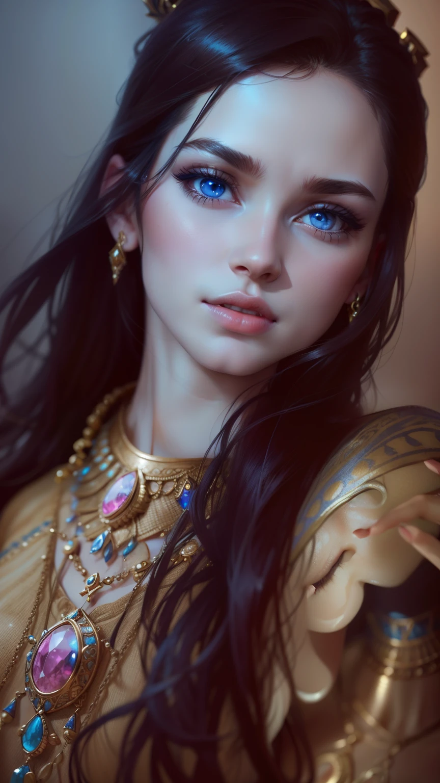 Un solo rostro 1 beautiful woman with long dark hair and blue eyes, detailed realistic portrait, (best quality,4k,8k,highres,masterpiece:1.2),ultra-detailed,HDR,UHD,studio lighting,ultra-fine painting,sharp focus,physically-based rendering,extreme detail description,professional,vivid colors,bokeh,elegant,serene expression,porcelain skin,long eyelashes,full red lips,delicate facial features,intricate jewelry,dramatic chiaroscuro lighting,warm color palette